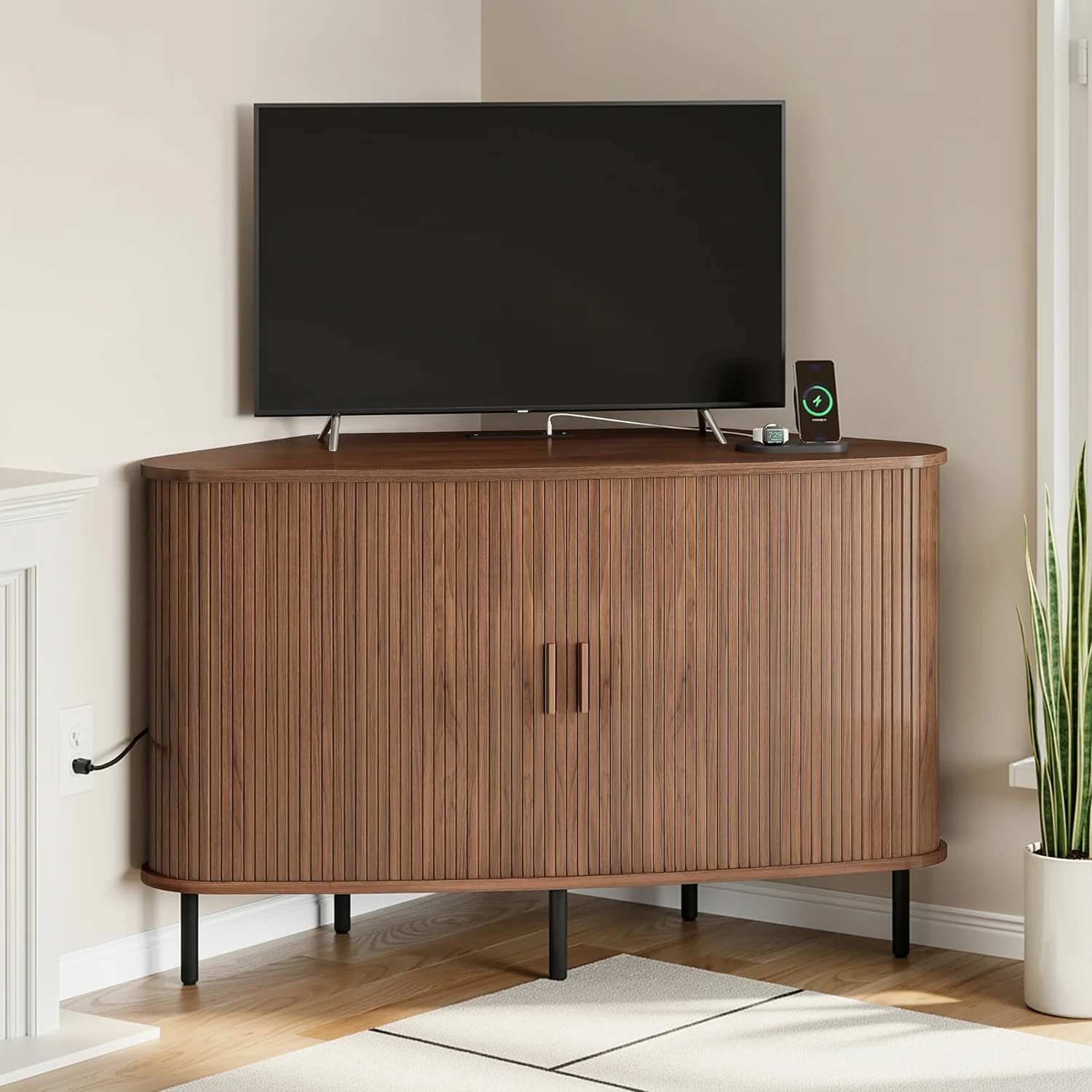 Responsible 47-inch Corner Storage Cabinet TV Stand Fits up to 55 Inch T with Power Outlet and Sliding Doors47-inch Corner Storage Cabinet TV Stand Fits up to 55 Inch T with Power Outlet and Sliding Doors Consistent