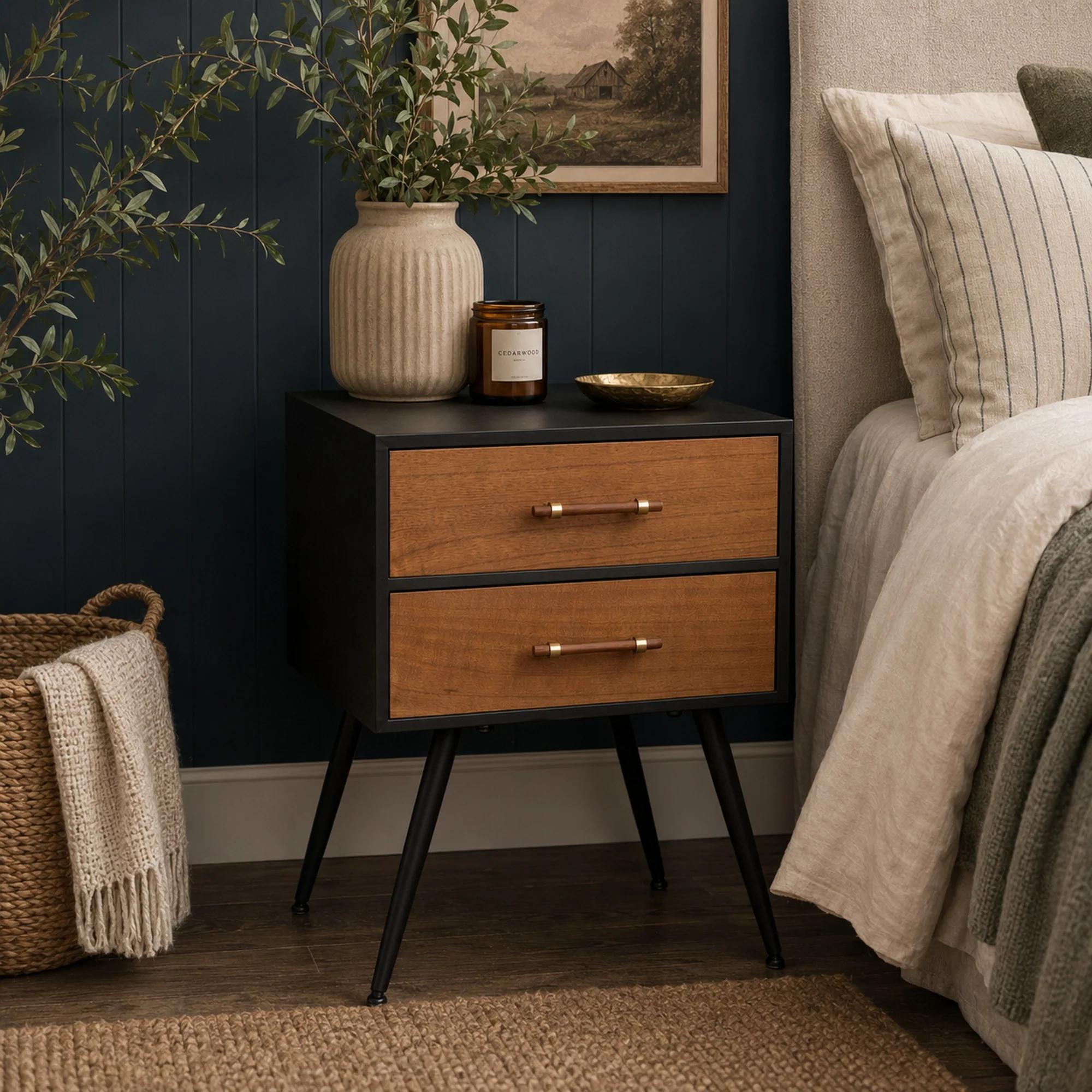 Soft Mid-Century Modern Wood Black 2 Drawer Bedside – Ludlow Range First-Class