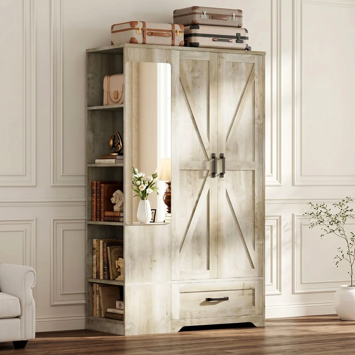 Powerful 70 Armoire Wardrobe Closet with Mirror standing Wooden Wardrobe Cabinet with Drawer Shelves Hanging Rail for Bedroom Storage70 Armoire Wardrobe Closet with Mirror standing Wooden Wardrobe Cabinet with Drawer Shelves Hanging Rail for Bedroom Storage Modern