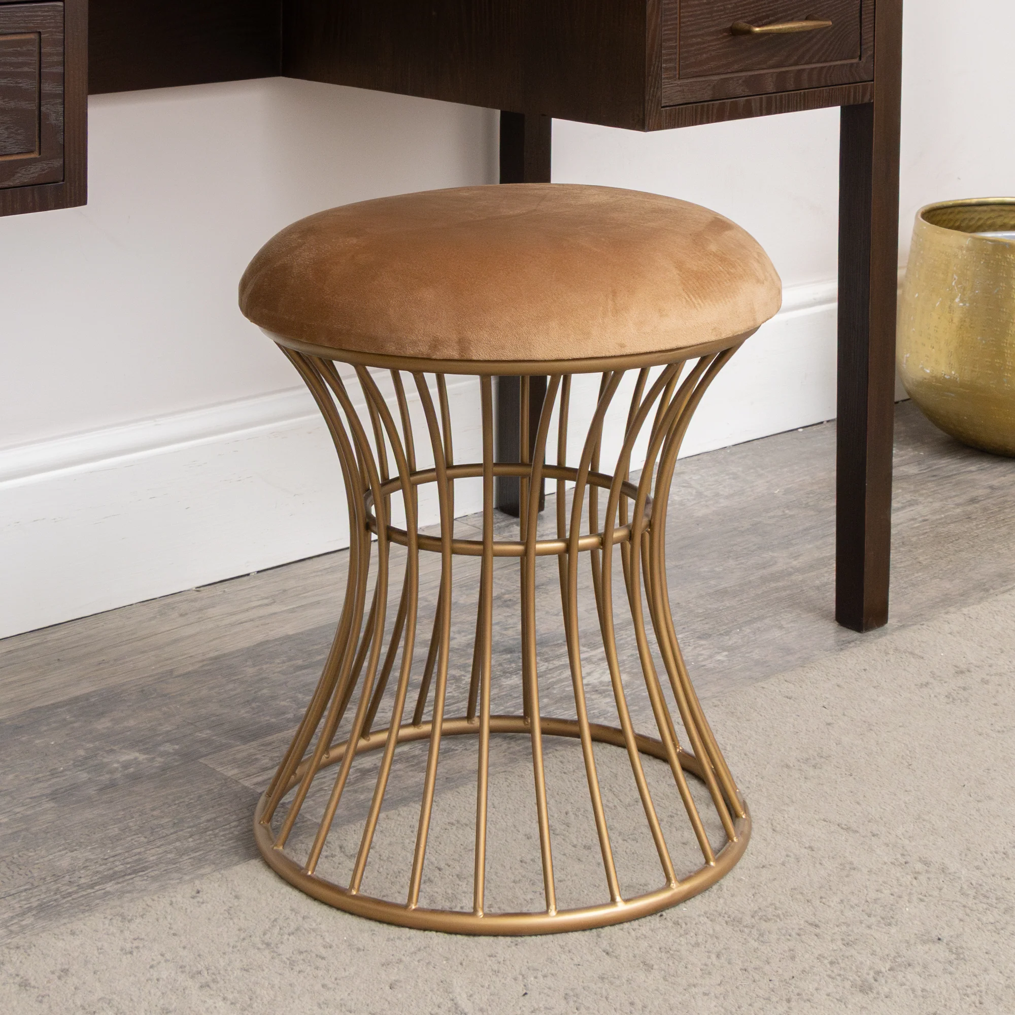 Healthy Antique Gold Metal Detailed Upholstered Dressing Table Stool Premium Material