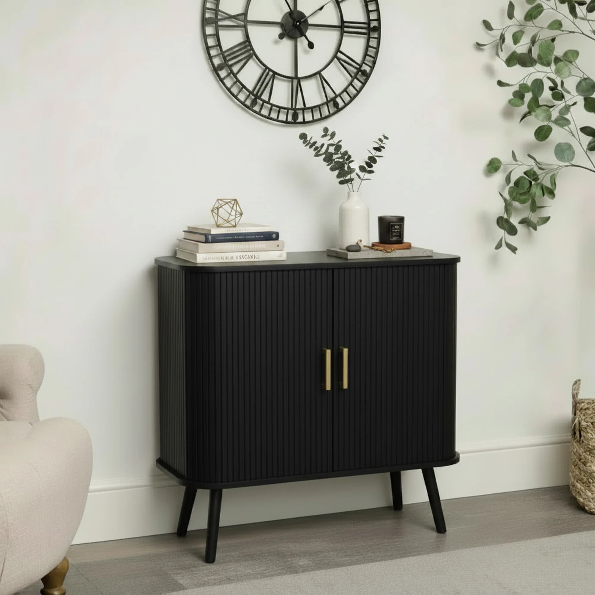 Reusable Black Wooden Slatted 2 Door Sliding Sideboard Premium