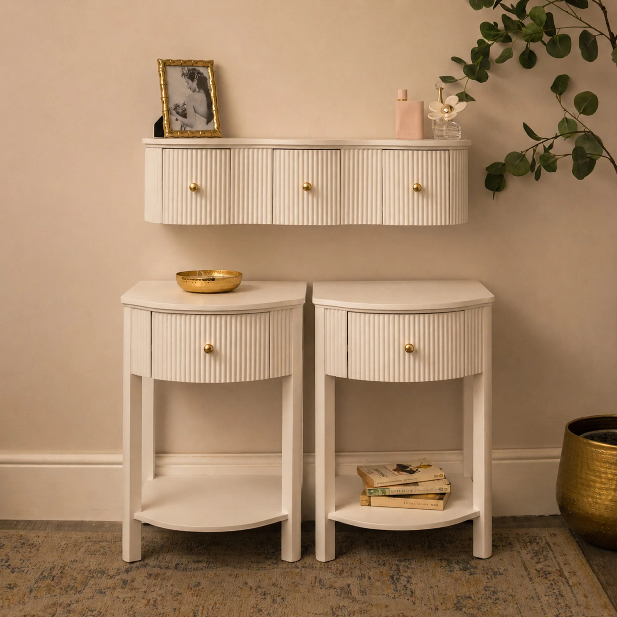 Verified 3 Drawer Reeded Wall Mounted Floating Dressing Table Pair of Bedside Tables – Willow White Range Original Design