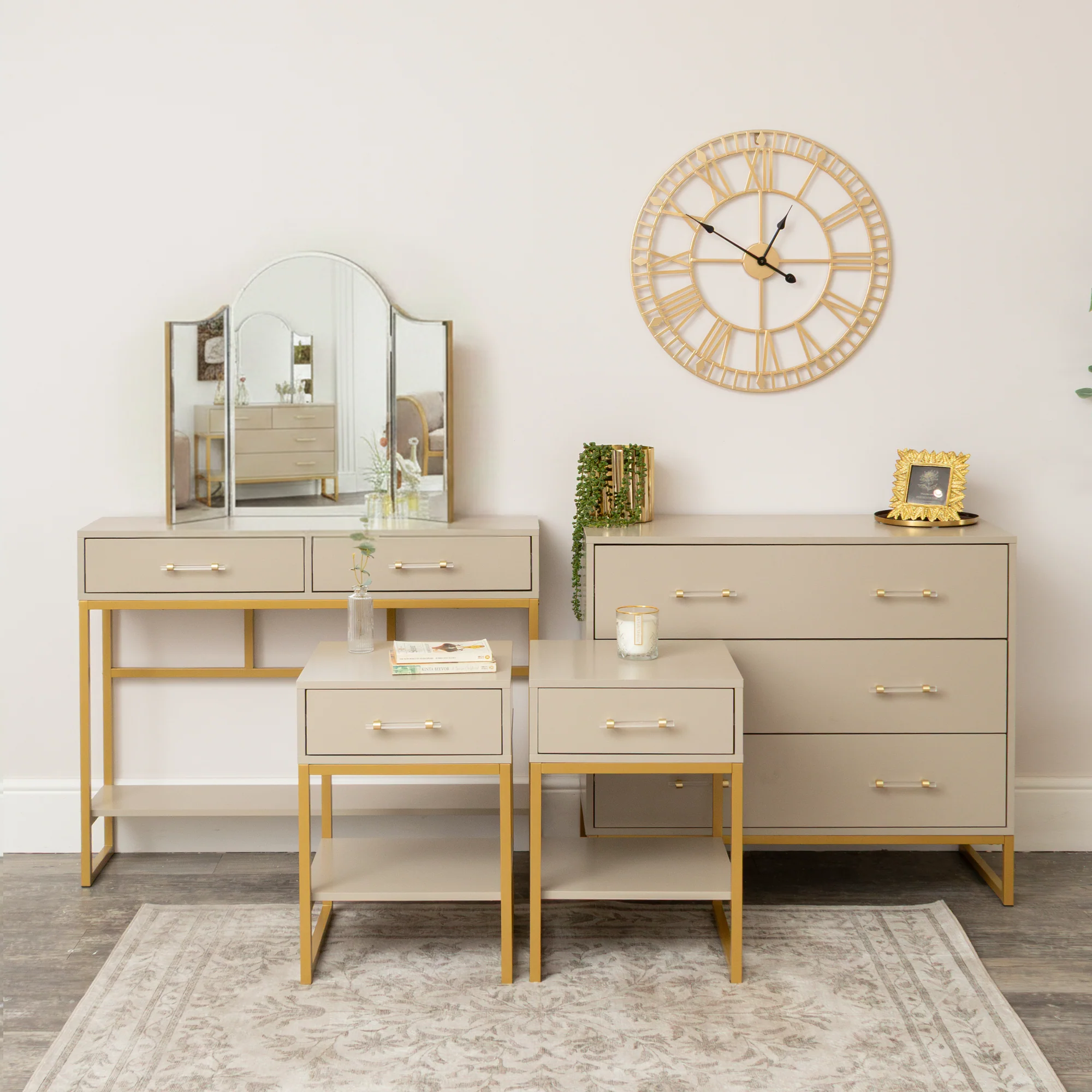 Refined 3 Drawer Chest of Drawers Dressing Table Set Pair of One Drawer Bedside Tables – Liana Taupe Range Modern