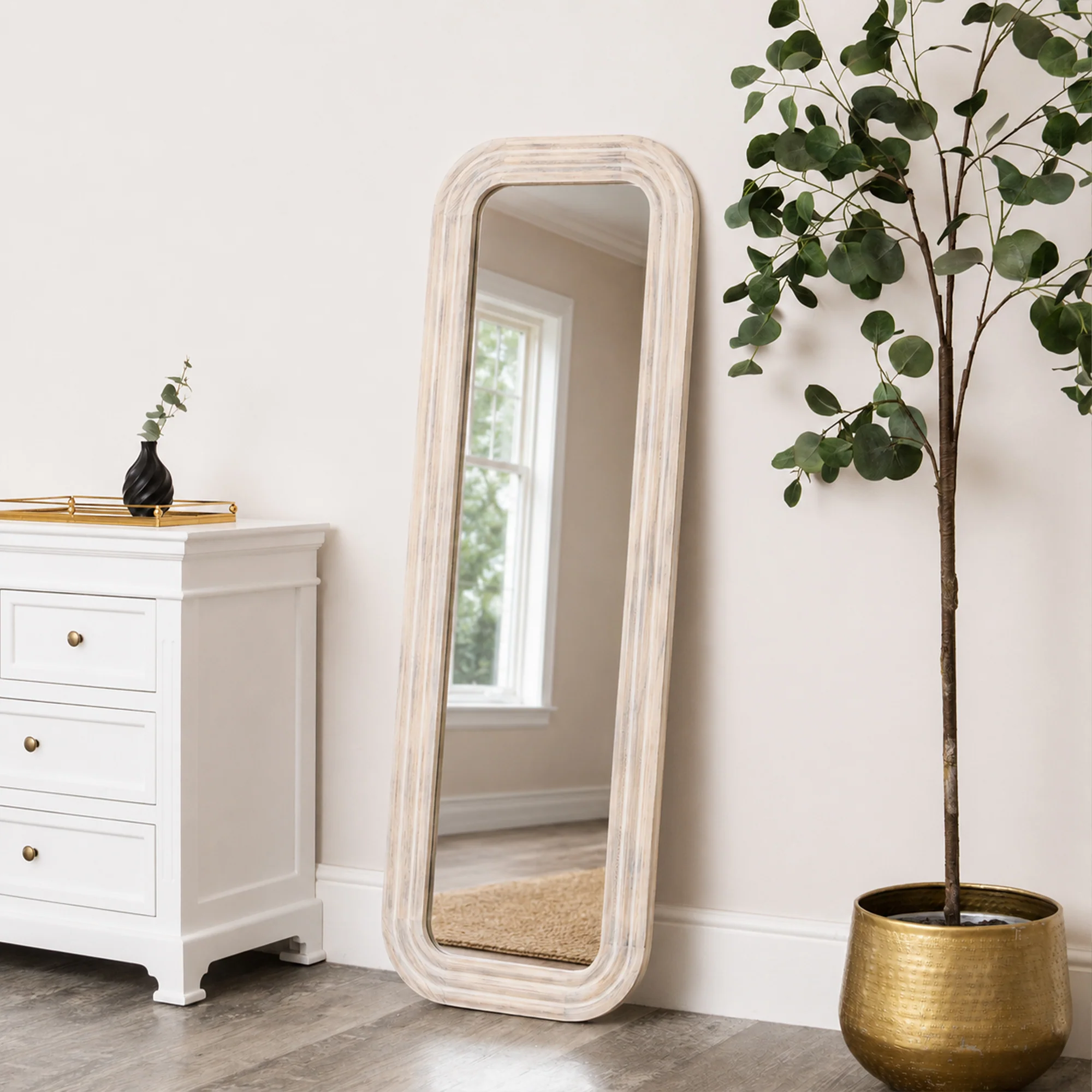 Reusable Light Wooden Arched Tall Wall Leaner Mirror – 142cm x 47cm Premium