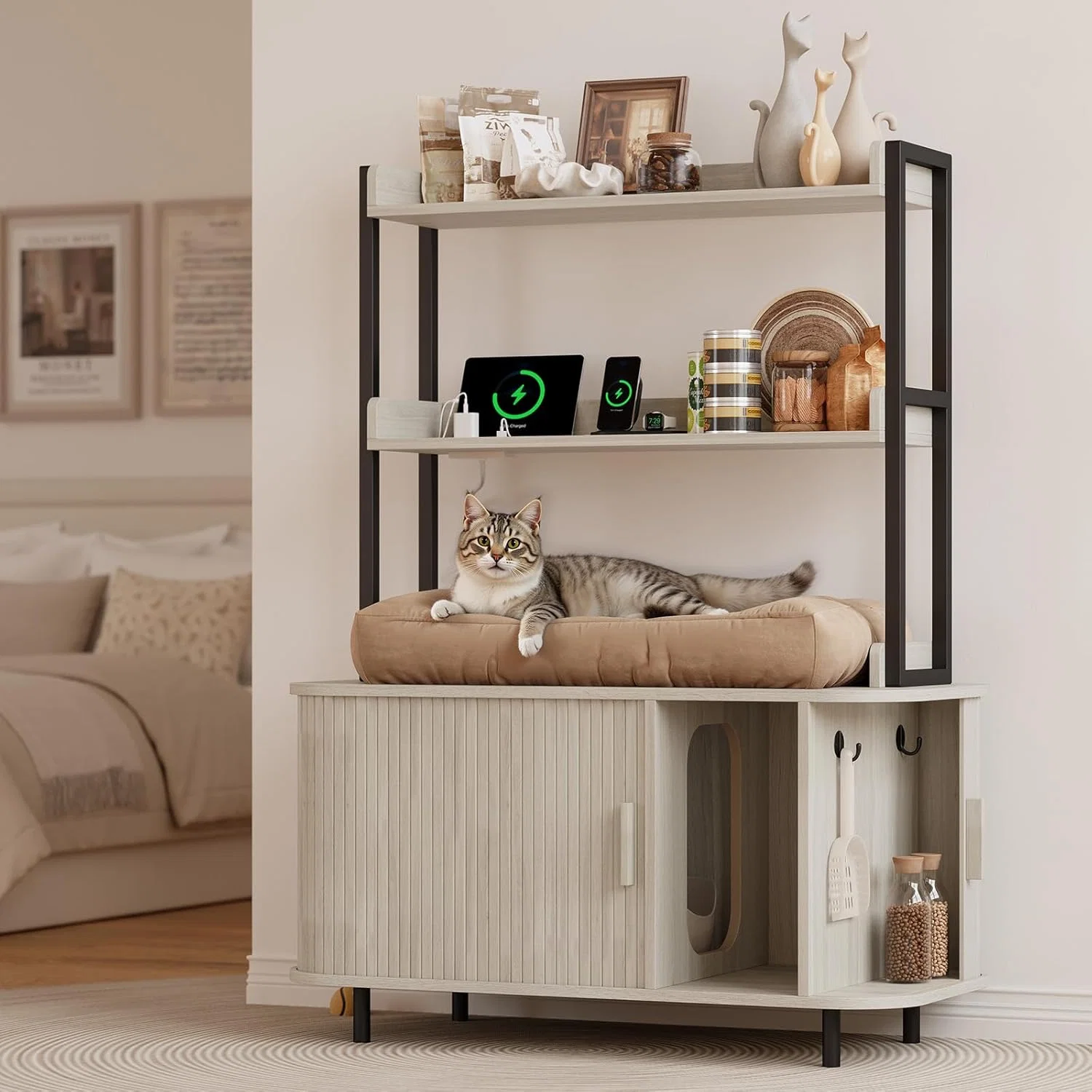 Sustainable 54 Inch Hidden Cat Litter Box Furniture with Shelves Sliding Tambour Door and Power Outlets54 Inch Hidden Cat Litter Box Furniture with Shelves Sliding Tambour Door and Power Outlets Relaxed