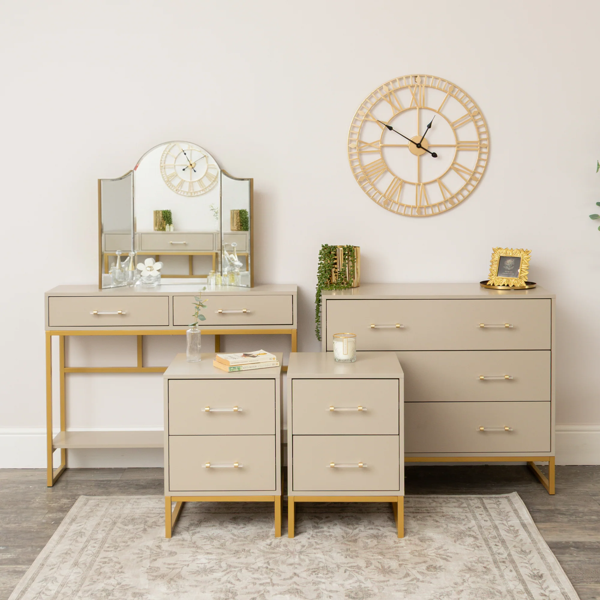 High-Quality 3 Drawer Chest of Drawers Dressing Table Set Pair of Two Drawer Bedside Tables – Liana Taupe Range Enhanced