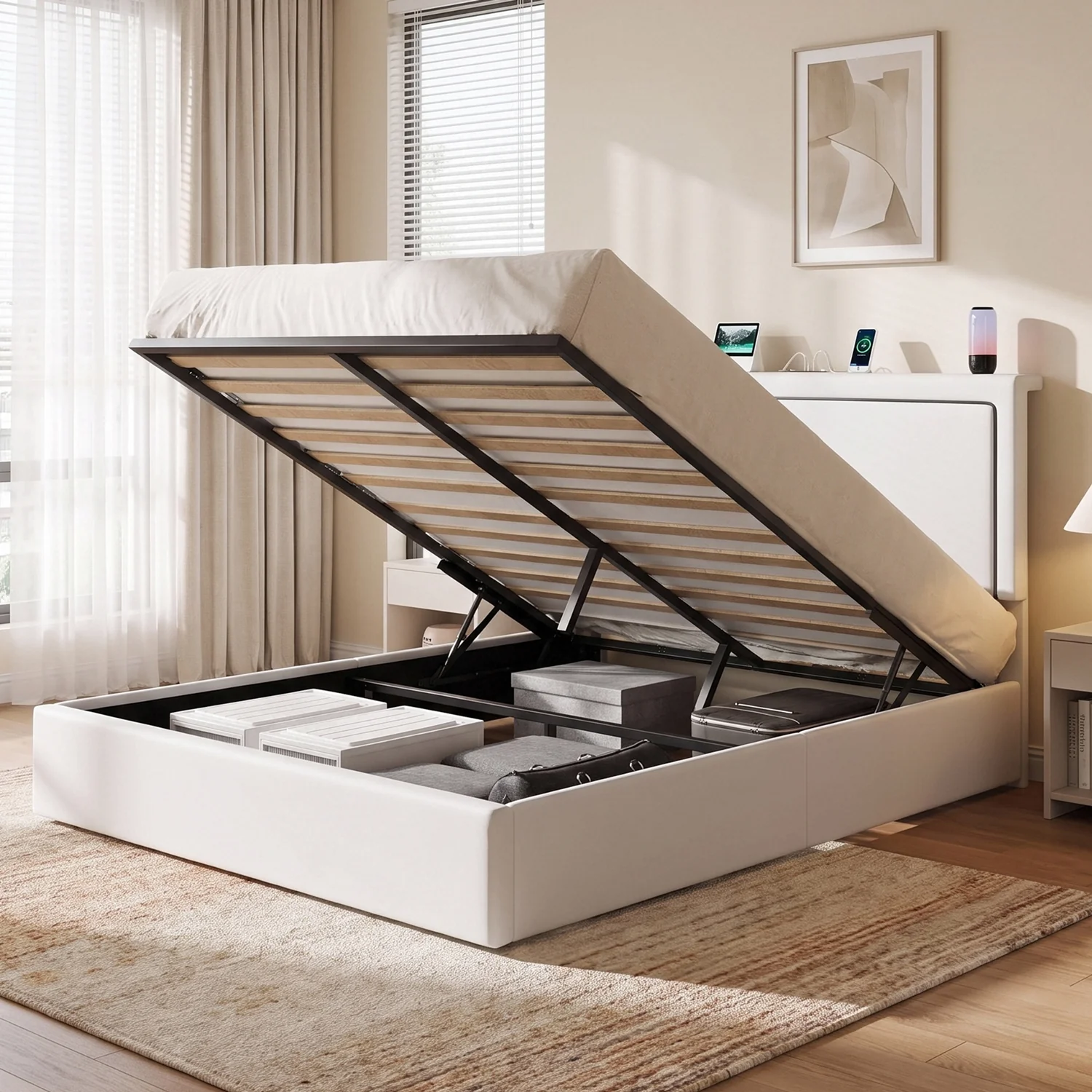 Pure Lift Up Storage Bed Frame with LED Lights Charging Station Velvet Upholstered Platform Bed with Adjustable HeadboardLift Up Storage Bed Frame with LED Lights Charging Station Velvet Upholstered Platform Bed with Adjustable Headboard Crafted