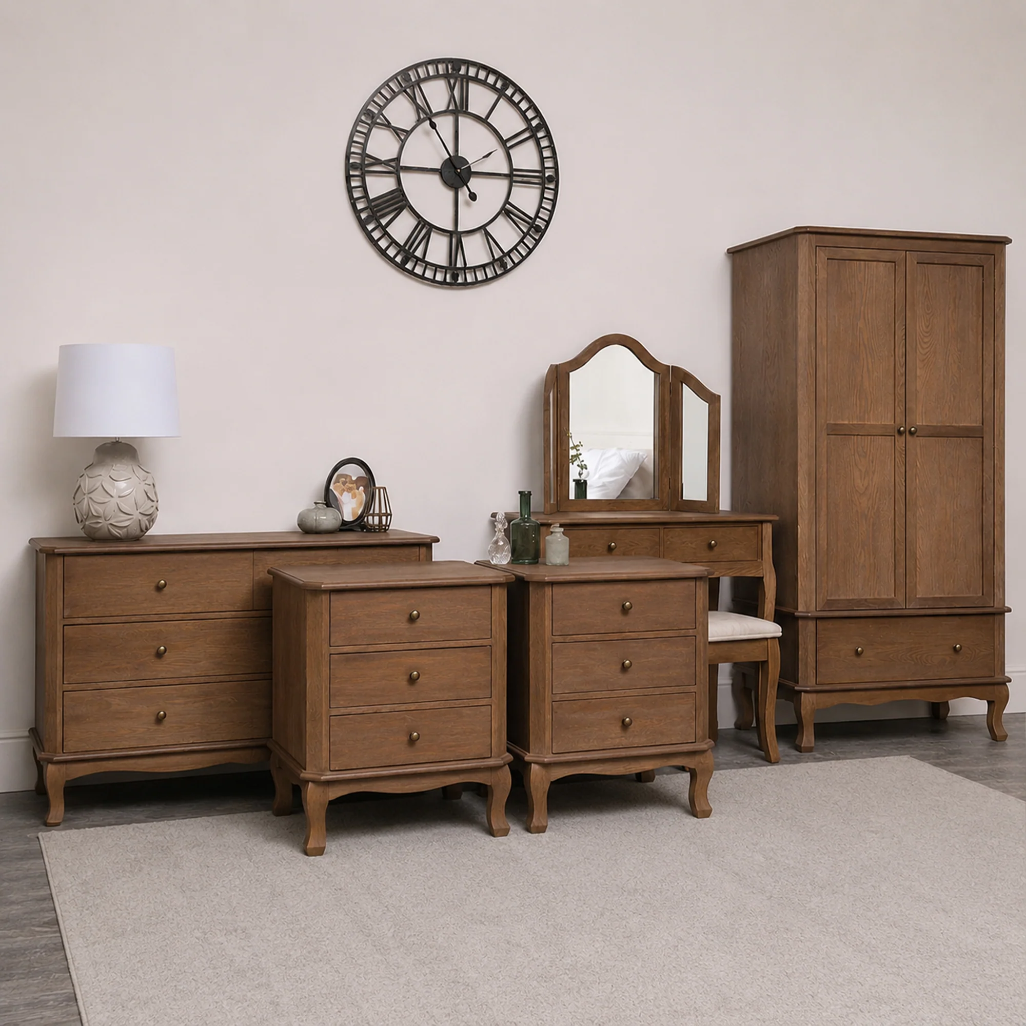 Smart Dark Wood Wardrobe Dressing Table Set Chest of 4 Drawers Pair of Wide Bedside Tables – Ashwell Range Premium