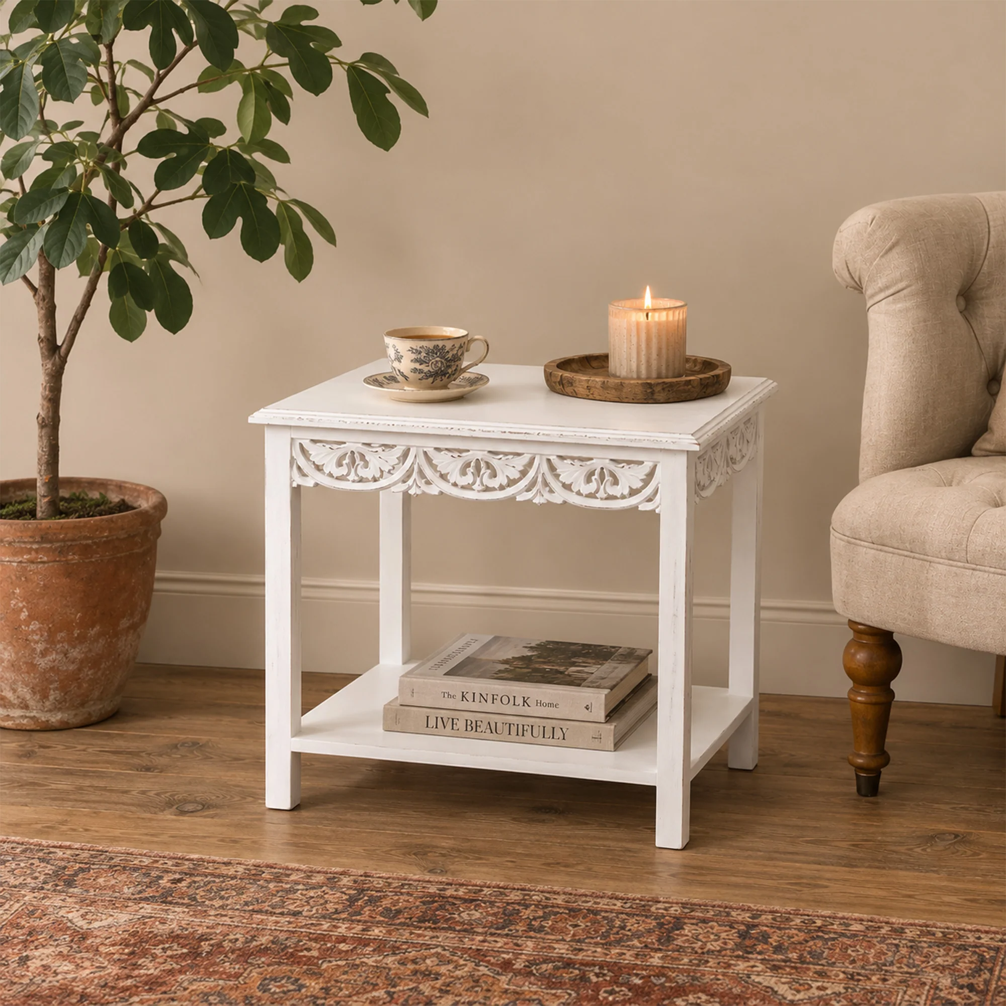 Casual Bohemian White Distressed Mango Wood Side Coffee Table – Freya White Range Elite