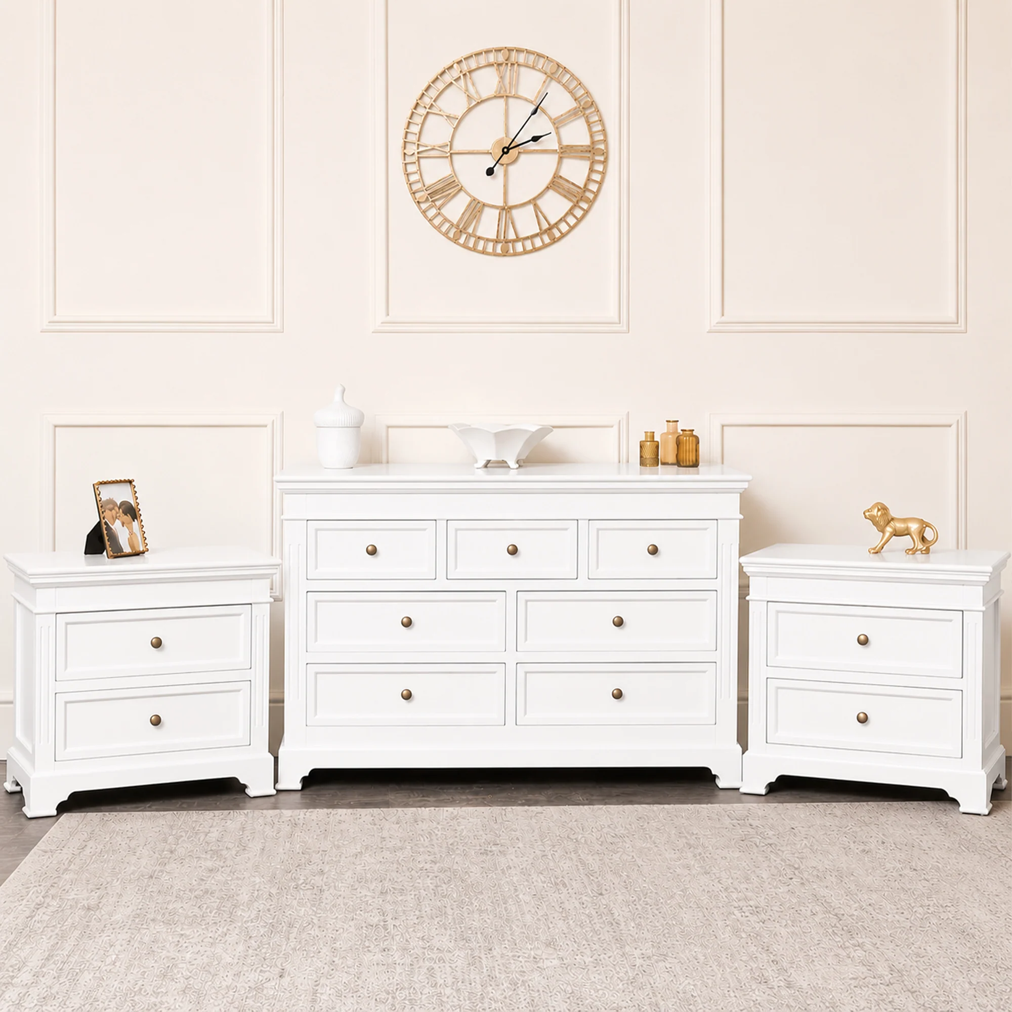 Original Large White 7 Drawer Chest of Drawers Pair of Wide Bedside Tables – Daventry White Range Exclusive