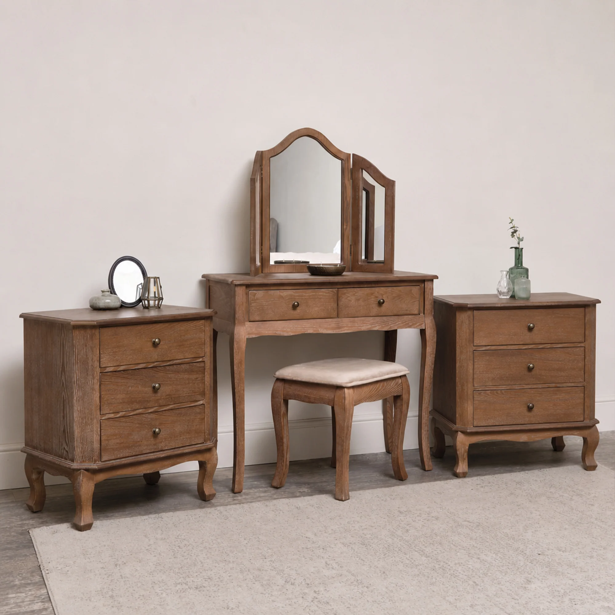 Genuine Dark Wood Dressing Table Desk with Triple Mirror Stool and Pair of Wide Bedside Tables – Ashwell Range Smart