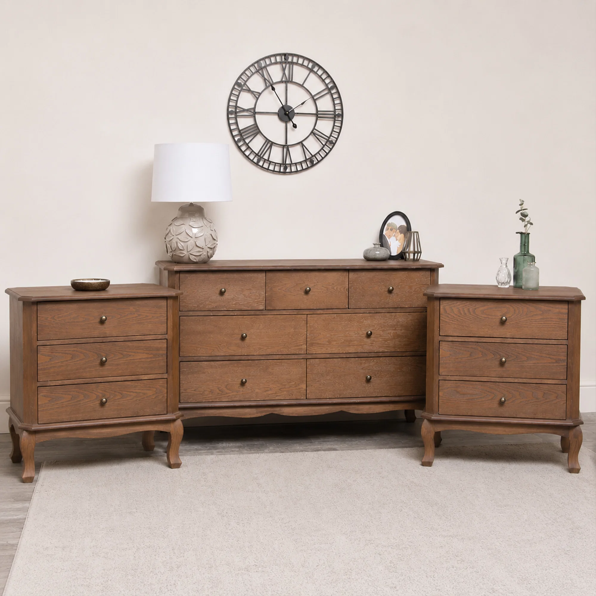 Reusable Dark Wood 7 Drawer Chest of Drawers Pair of Wide 3 Drawer Bedside Tables – Ashwell Range Clean
