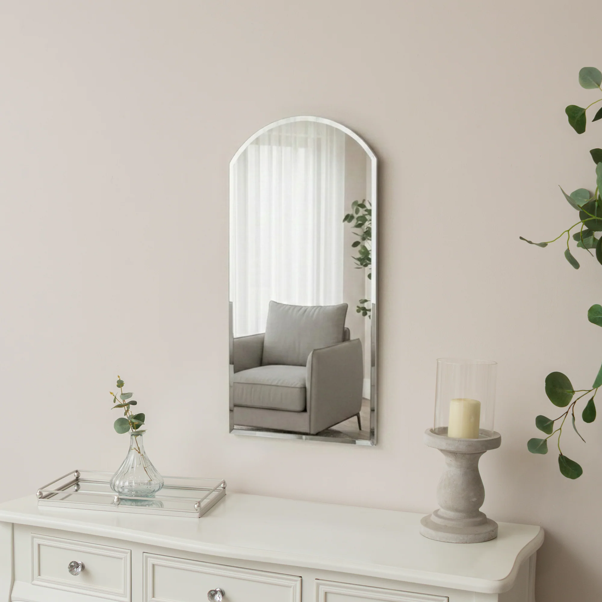 Secure Arched Frameless Bevelled Wall Mirror – 35cm x 71cm Premium