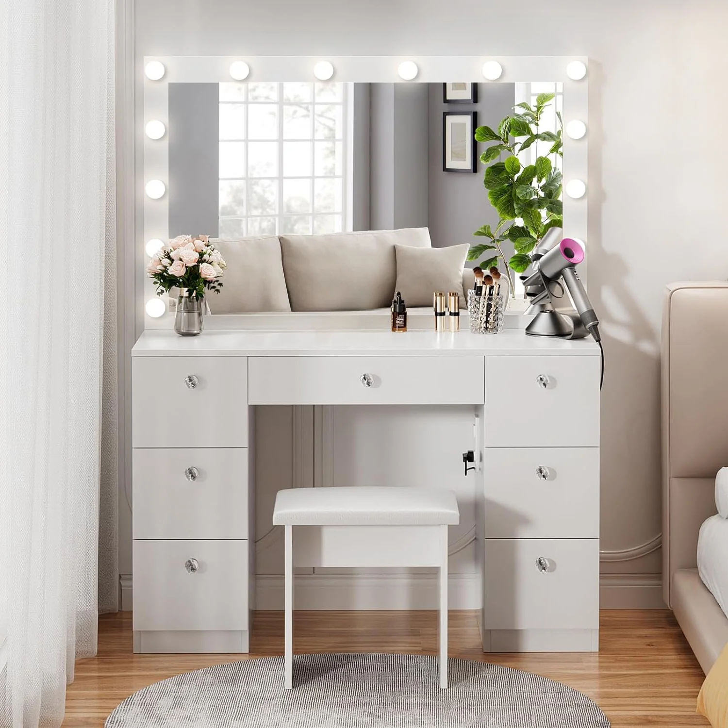 Crafted 44 inch Makeup Vanity Desk with Lighted Mirror Power Outlet 7 Drawers 3 Brightness44 inch Makeup Vanity Desk with Lighted Mirror Power Outlet 7 Drawers 3 Brightness Eco-Friendly