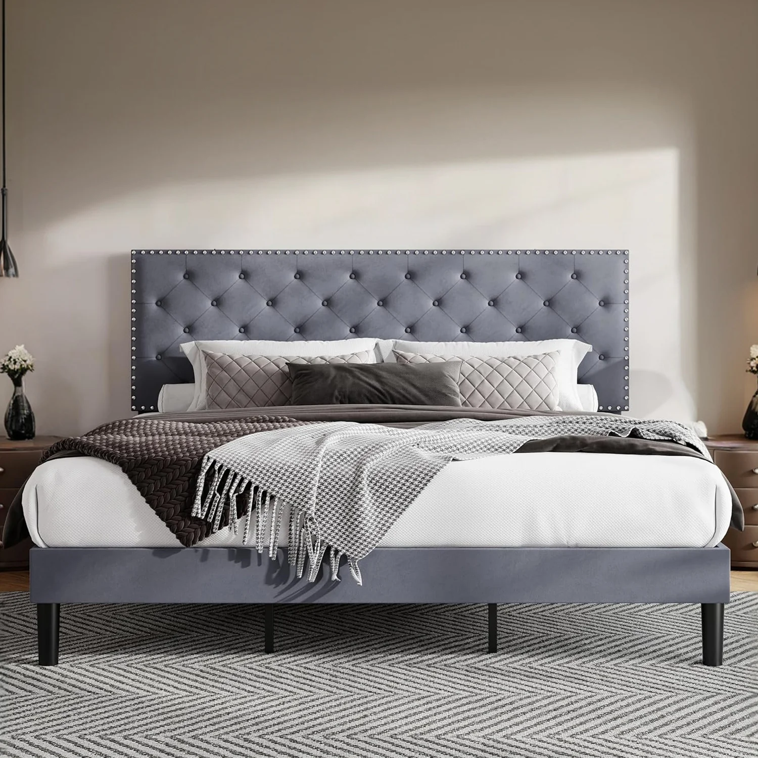 Eco-Friendly Velvet Upholstered Bed Frame with Adjustable Button Tufted Headboard Slats Support No Box Spring NeededVelvet Upholstered Bed Frame with Adjustable Button Tufted Headboard Slats Support No Box Spring Needed Fashionable