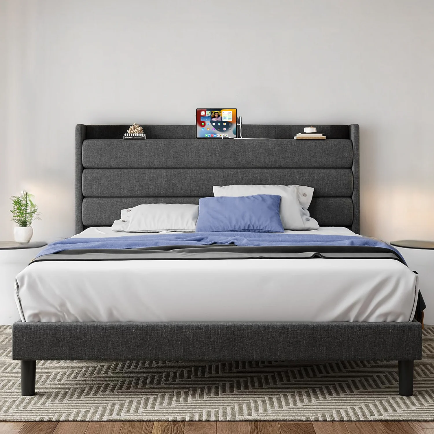 Original Upholstered Bed Frame with Storage Headboard and Outlets Dark GrayUpholstered Bed Frame with Storage Headboard and Outlets Dark Gray Smart