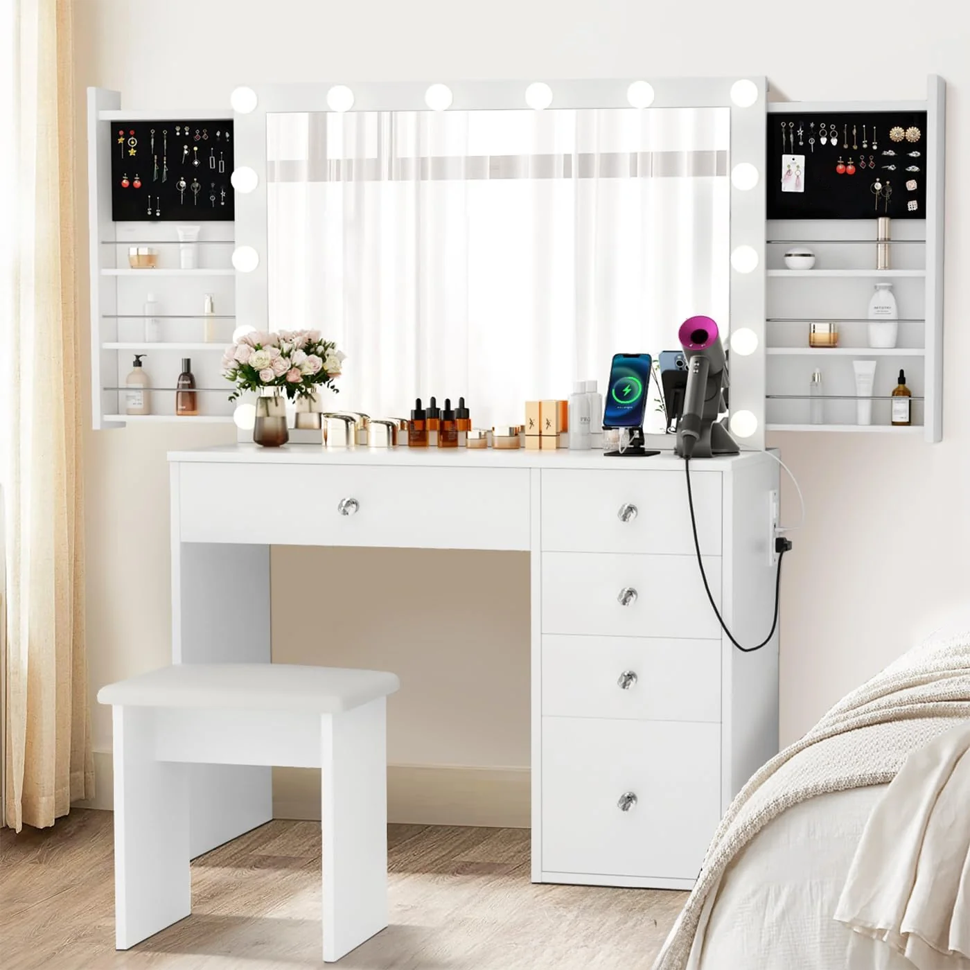 Next-Generation Vanity with Lighted Mirror and Sliding Storage Cabinet Electrical Outlet 3 Lighting Modes Adjustable BrightnessVanity with Lighted Mirror and Sliding Storage Cabinet Electrical Outlet 3 Lighting Modes Adjustable Brightness Carefully Designed