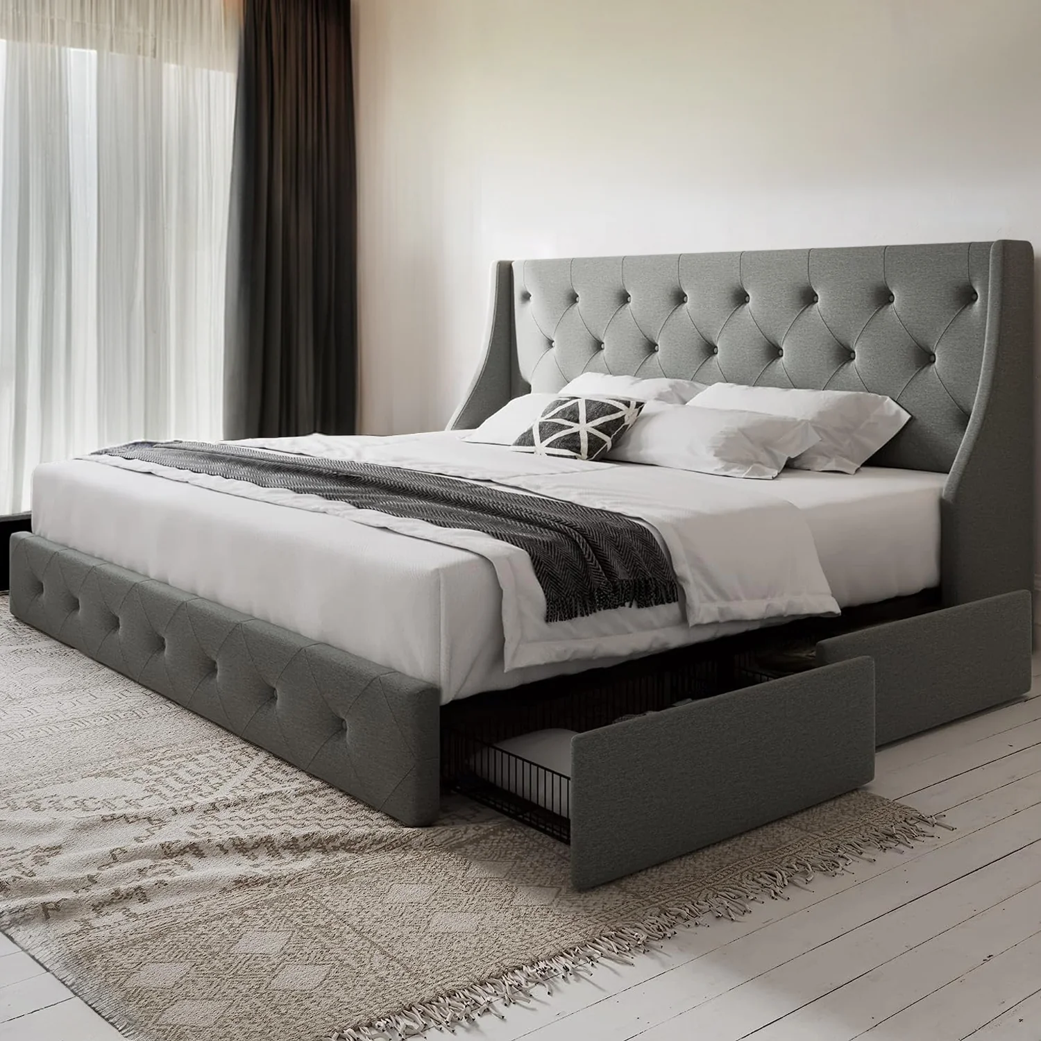 Natural Bed Frame with 4 Storage Drawers and Wingback Headboard Button Tufted Design No Box Spring NeededBed Frame with 4 Storage Drawers and Wingback Headboard Button Tufted Design No Box Spring Needed Enhanced