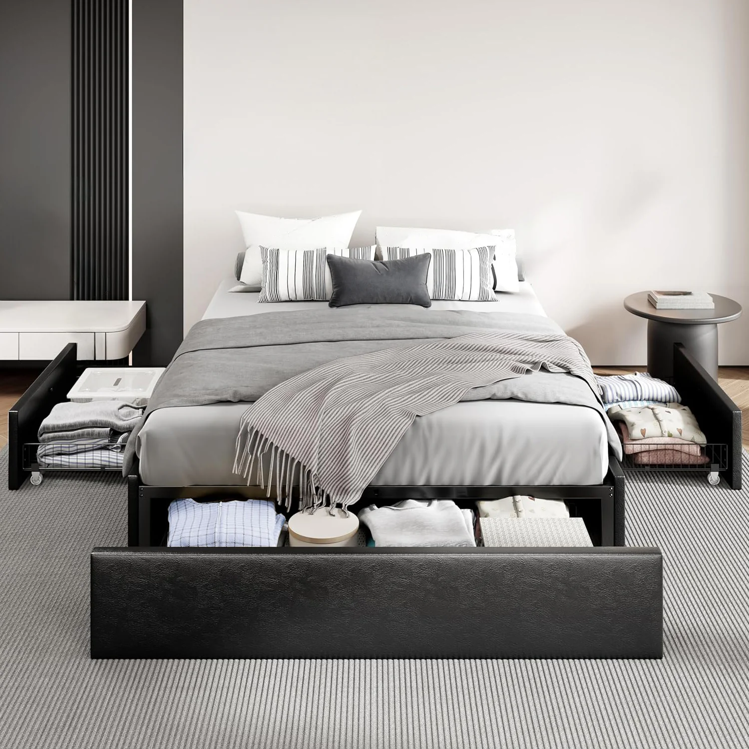 Specialty Faux Leather Upholstered Platform Bed Frame with 3 Storage Drawers Headboard Compatible No Box Spring Required BlackFaux Leather Upholstered Platform Bed Frame with 3 Storage Drawers Headboard Compatible No Box Spring Required Black Optimized