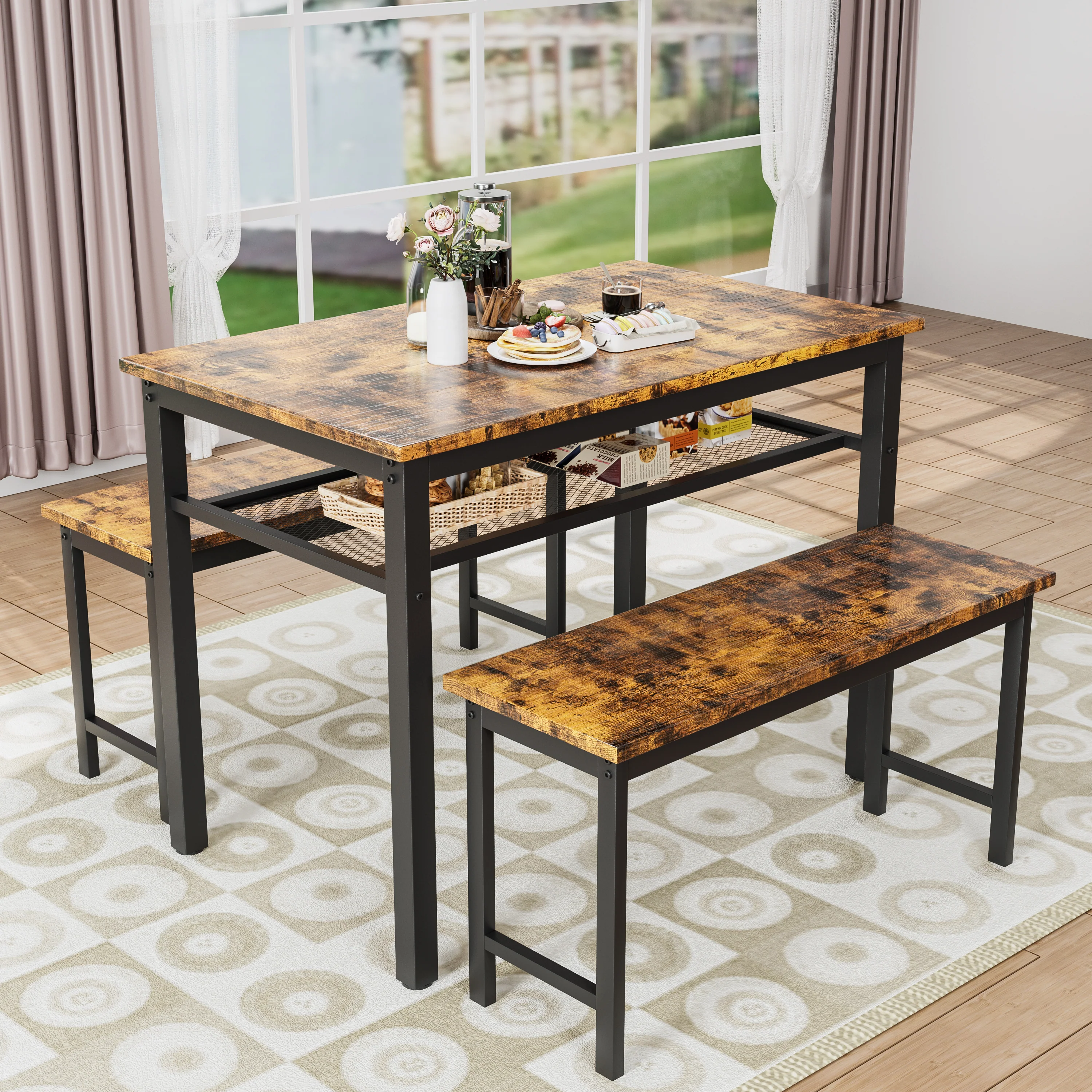 Fine Crafted 3 Pieces Dining Table Set Industry Style Table with Two Benches Discontinued 3 Pieces Dining Table Set Industry Style Table with Two Benches Discontinued Versatile