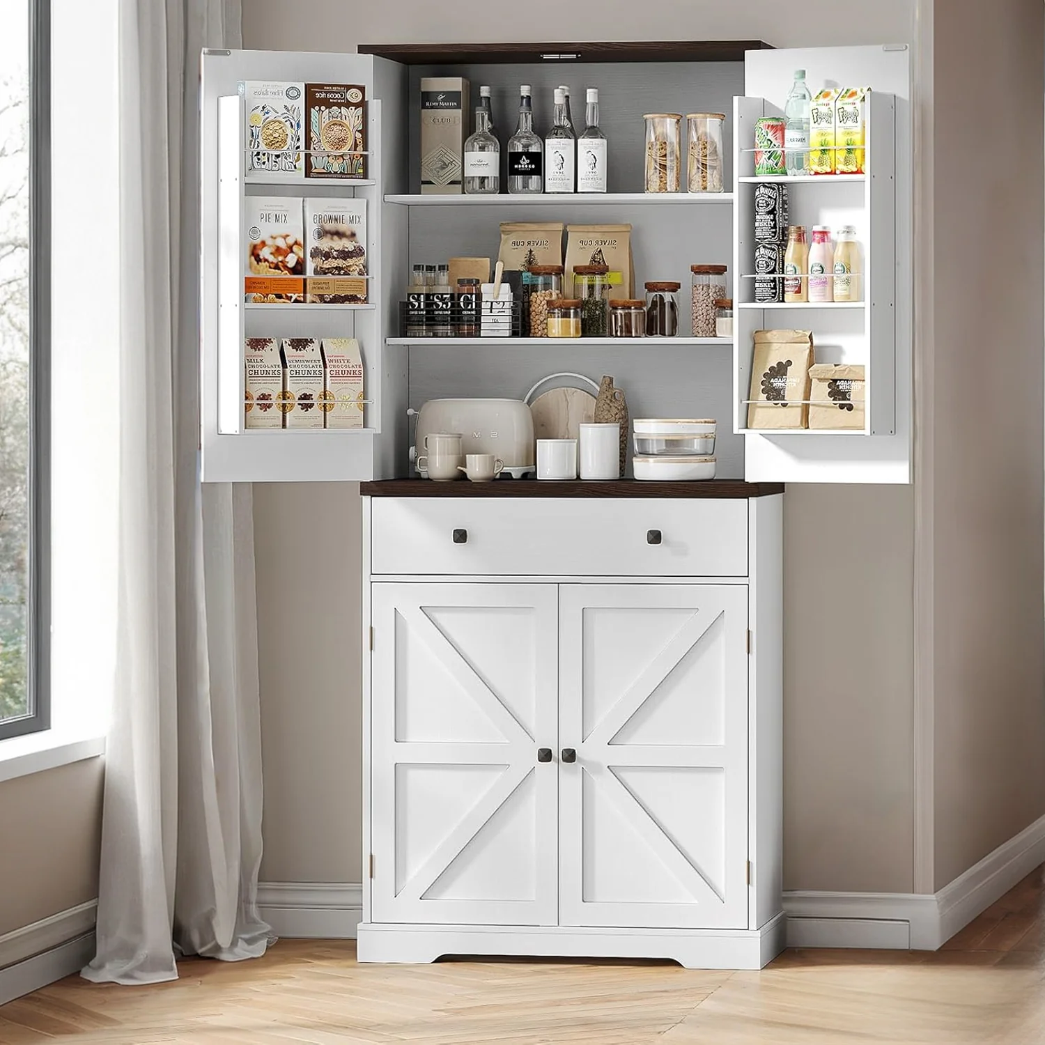 High-End Discontinued 71 Inch Tall Farmhouse Pantry Cabinet Wooden Pantry Storage Sideboard with 6 Door Shelves Drawers 4 Barn Doors 2 Adjustable Shelves Discontinued 71 Inch Tall Farmhouse Pantry Cabinet Wooden Pantry Storage Sideboard with 6 Door Shelves Drawers 4 Barn Doors 2 Adjustable Shelves Advanced