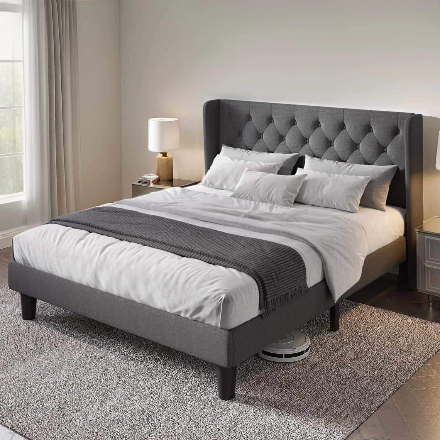 High-Quality Upholstered Platform Bed with Button Tufted Wingback Headboard Wooden Slats Support No Box Spring Needed Noise Upholstered Platform Bed with Button Tufted Wingback Headboard Wooden Slats Support No Box Spring Needed Noise Official