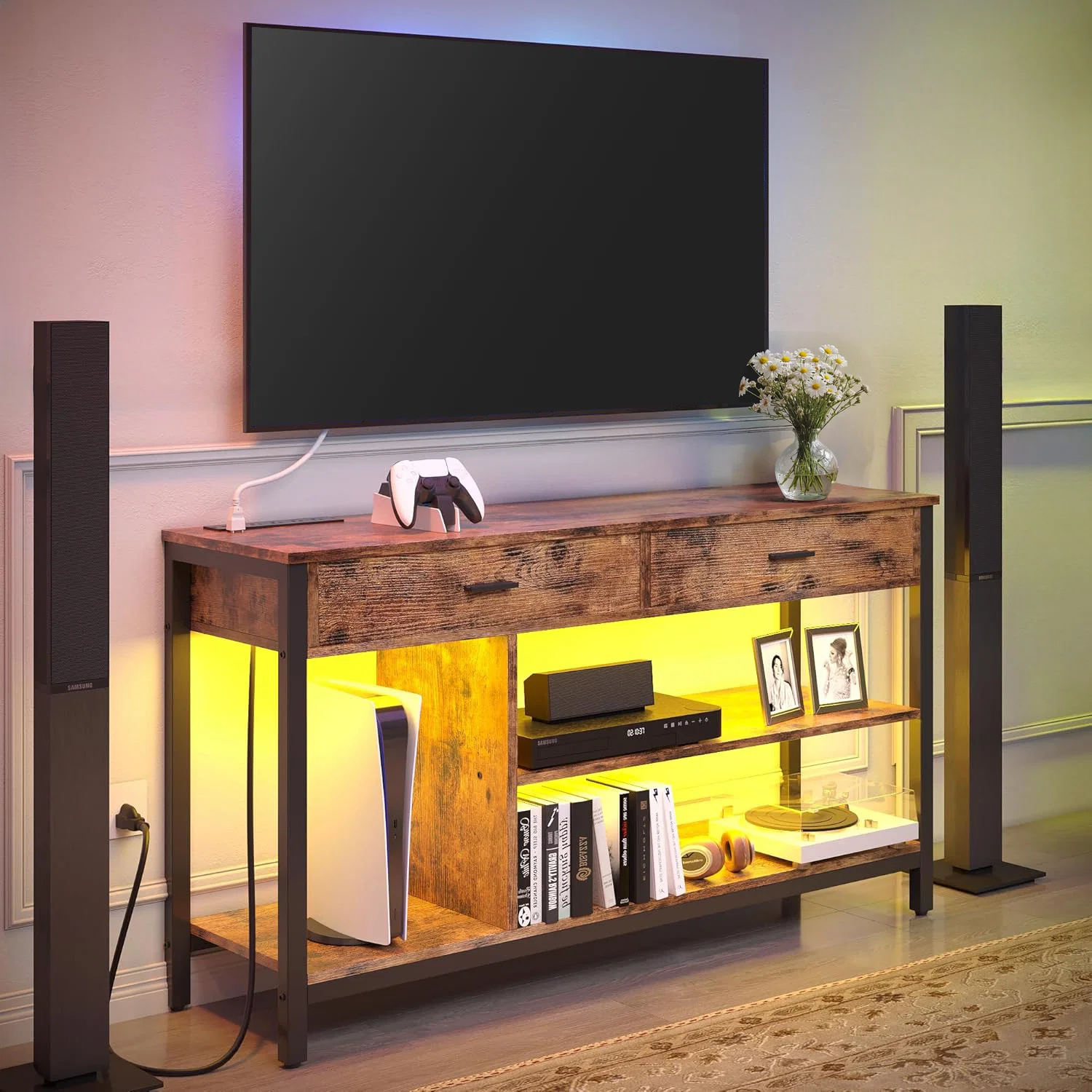 Natural Industrial TV Stand LED Lights Power Outlet for 55 Inch TV Entertainment Center with Media Storage Shelf and 2 Large DrawersIndustrial TV Stand LED Lights Power Outlet for 55 Inch TV Entertainment Center with Media Storage Shelf and 2 Large Drawers Authentic