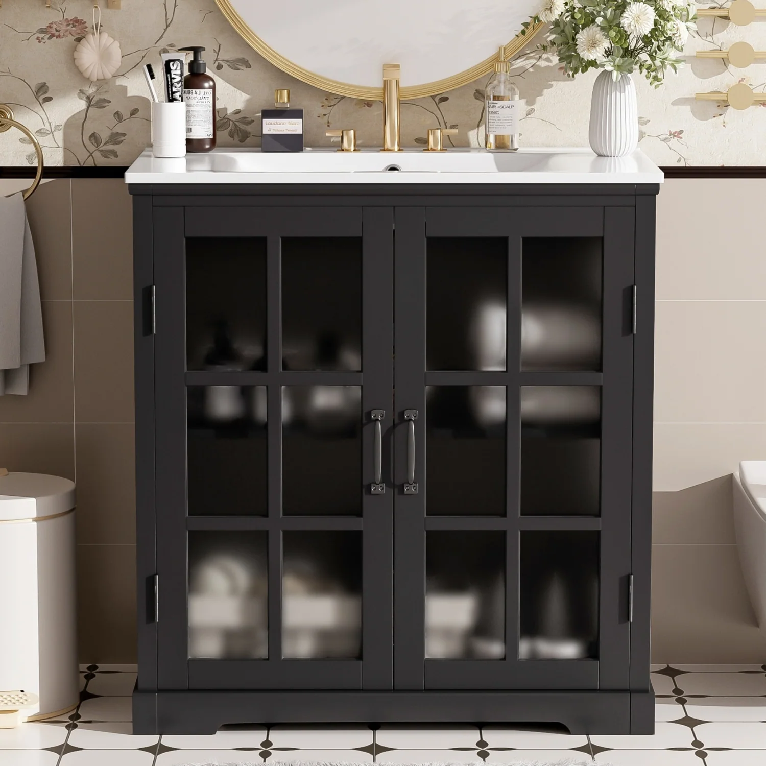 Durable Black Bathroom Vanity with Ceramic Sink Bathroom Vanity Cabinet with Tempered Blurred Glass Matte Black Handles Large Storage Space Rubber Wood FrameBlack Bathroom Vanity with Ceramic Sink Bathroom Vanity Cabinet with Tempered Blurred Glass Matte Black Handles Large Storage Space Rubber Wood Frame Pure
