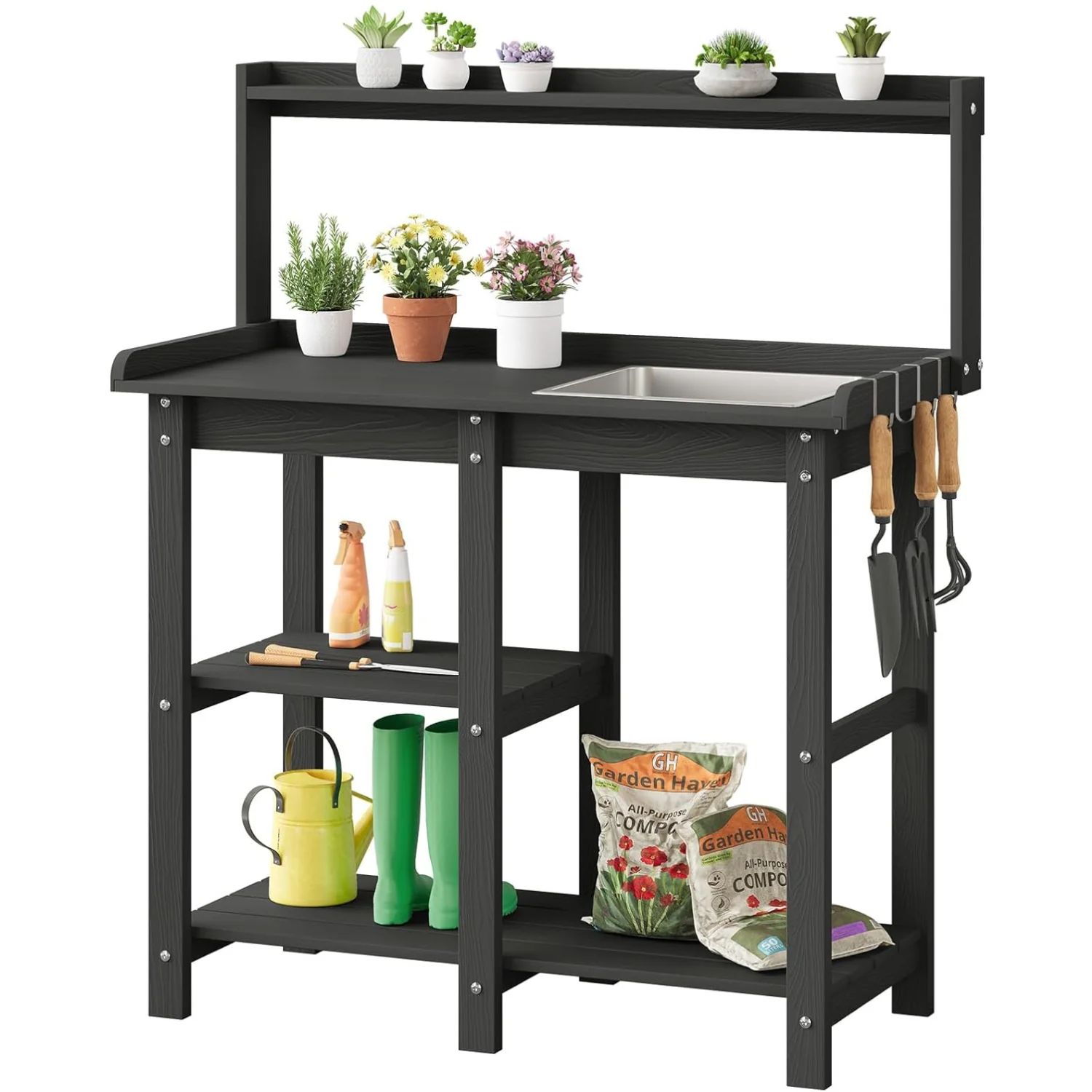Soft HDPS Potting Bench Outdoor Potting Bench Table with Removable Sink Garden Table with Storage Shelves 4 Side HooksHDPS Potting Bench Outdoor Potting Bench Table with Removable Sink Garden Table with Storage Shelves 4 Side Hooks Expertly Made