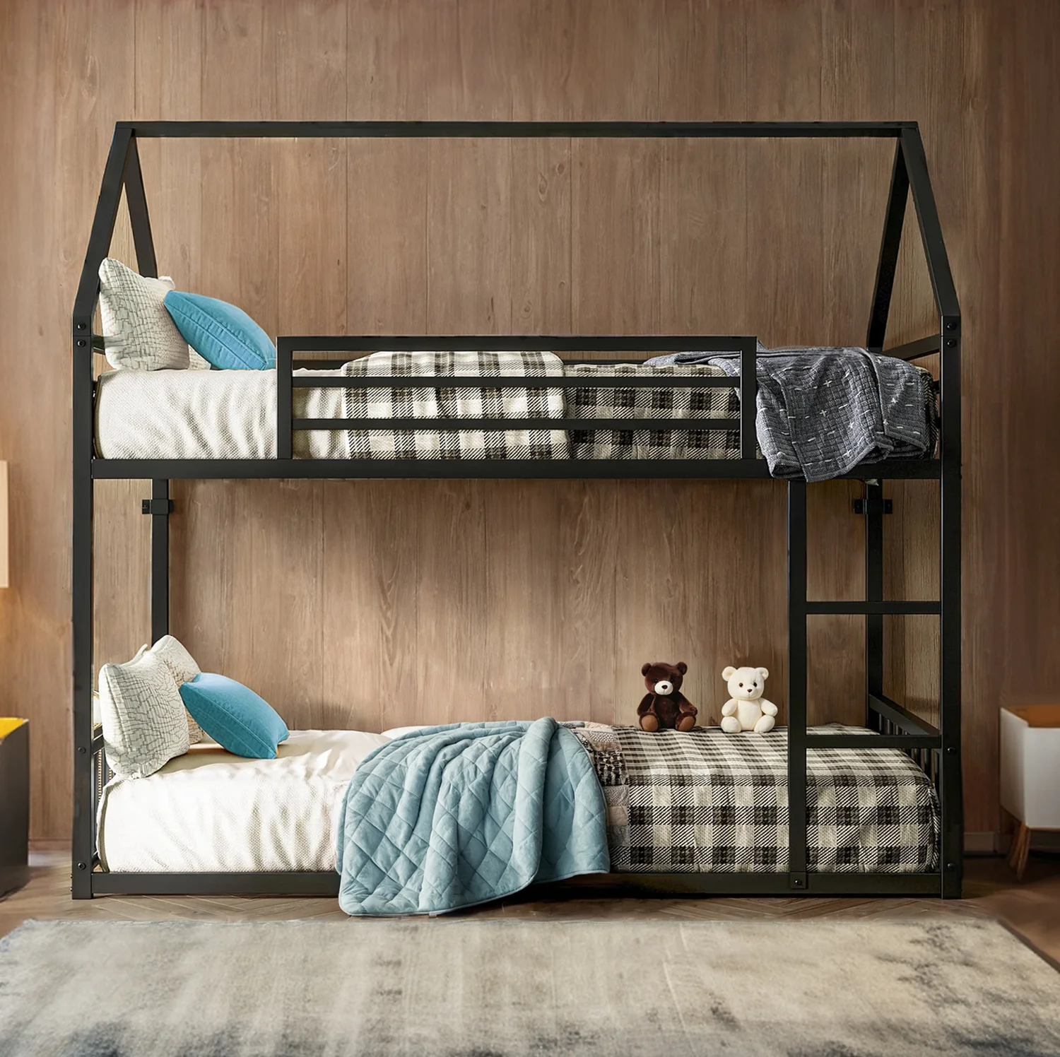 Top-Quality Bunk Bed House Bunk Bed Frame with Ladder and Guardrail House Shaped Loft Bed with Metal SlatsBunk Bed House Bunk Bed Frame with Ladder and Guardrail House Shaped Loft Bed with Metal Slats Reusable
