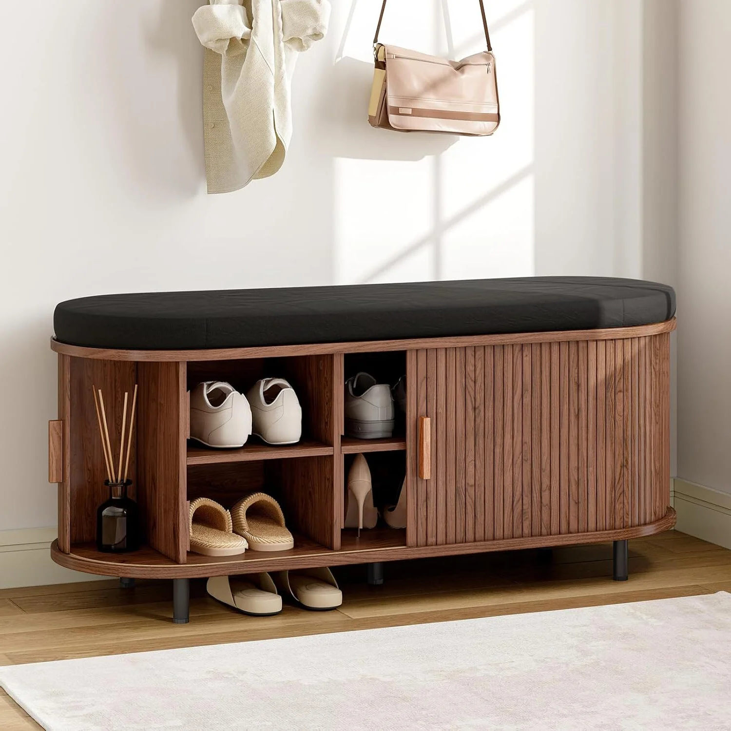 Breathable Shoe Storage Bench 43 inch Entryway Shoe Bench with Storage Cushion Sliding Door and Adjustable ShelfShoe Storage Bench 43 inch Entryway Shoe Bench with Storage Cushion Sliding Door and Adjustable Shelf Soft