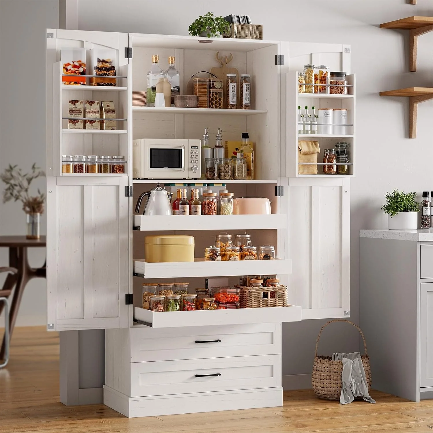 Prestigious 71 Inch Farmhouse Kitchen Pantry Storage Cabinet with 3 Pull-Out Shelves 2 Large Drawers adjustable Shelf71 Inch Farmhouse Kitchen Pantry Storage Cabinet with 3 Pull-Out Shelves 2 Large Drawers adjustable Shelf Artisan