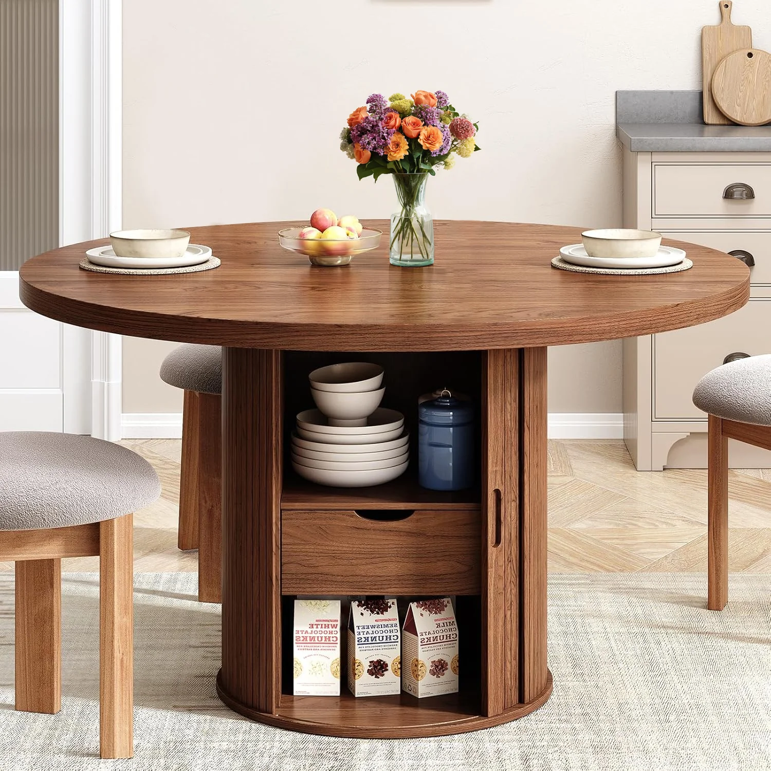 Sophisticated Round Dining Table for 4-6 Dining Room Table Farmhouse Kitchen Table with Storage Wood Strip BaseRound Dining Table for 4-6 Dining Room Table Farmhouse Kitchen Table with Storage Wood Strip Base Comfortable