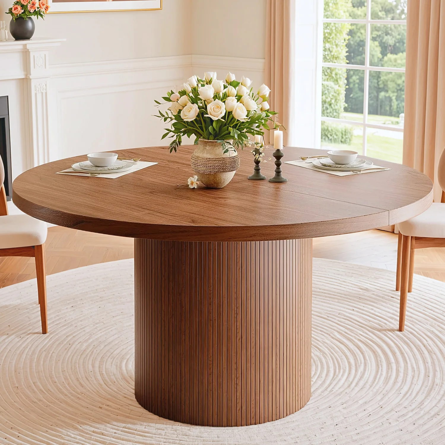 Dependable Round Dining Table Fluted Kitchen Table 47 inch Dinner Table with Wood Strip BaseRound Dining Table Fluted Kitchen Table 47 inch Dinner Table with Wood Strip Base High-End