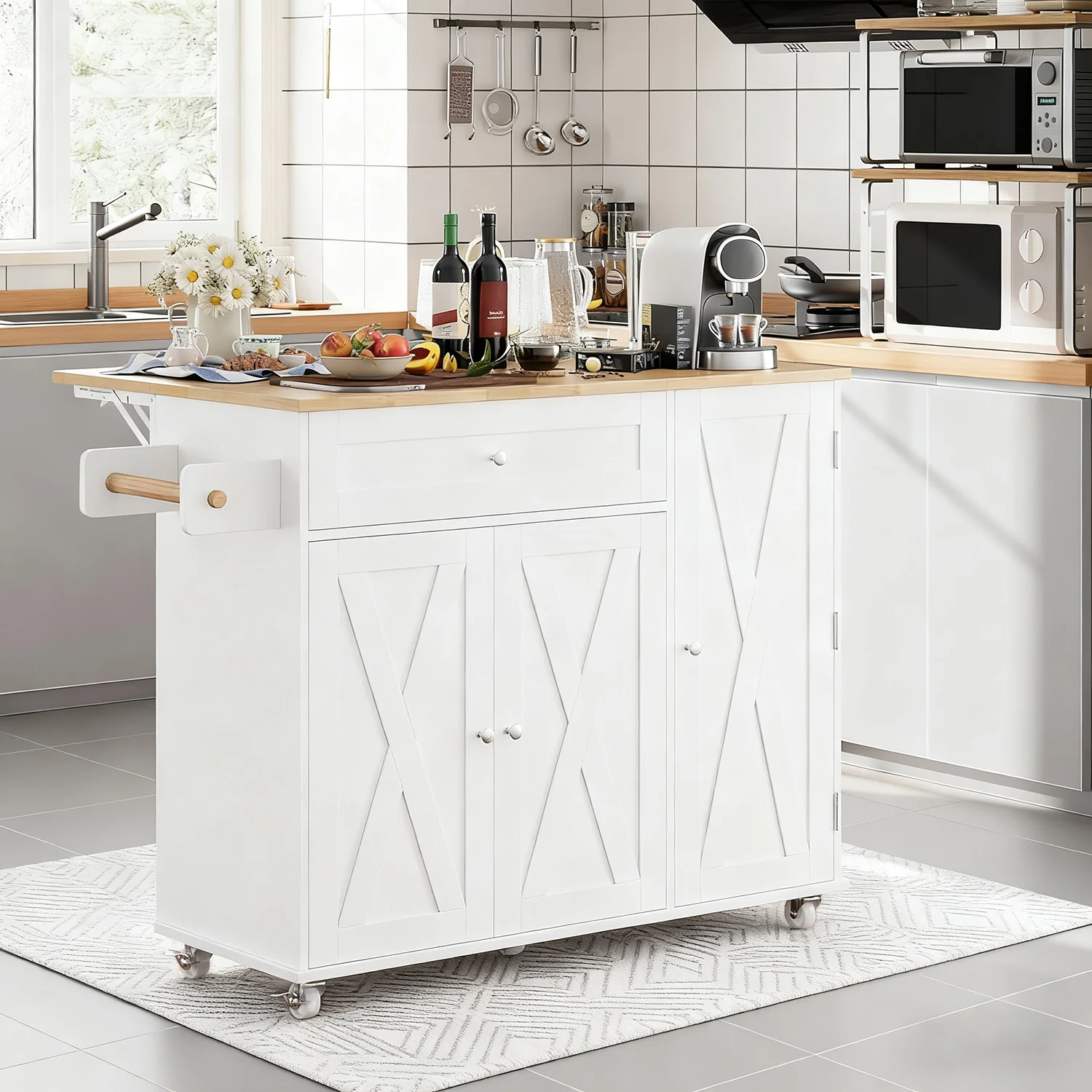First-Class Rolling Kitchen Island Cart with Drop Leaf Solid Rubber Wood Top Storage Cabinet Drawer Spice Rack Mobile Kitchen Table for Small SpacesRolling Kitchen Island Cart with Drop Leaf Solid Rubber Wood Top Storage Cabinet Drawer Spice Rack Mobile Kitchen Table for Small Spaces Clean