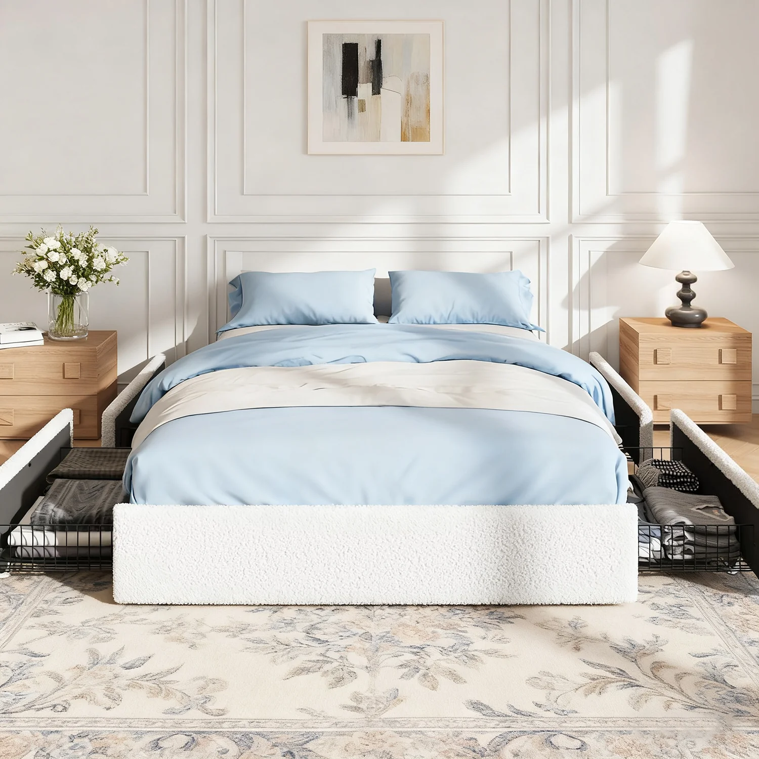 Traditional Soft Teddy Boucle Upholstered Platform Bed Frame with 4 Storage Drawers Noise- No Box Spring Needed Easy AssemblySoft Teddy Boucle Upholstered Platform Bed Frame with 4 Storage Drawers Noise- No Box Spring Needed Easy Assembly Organic