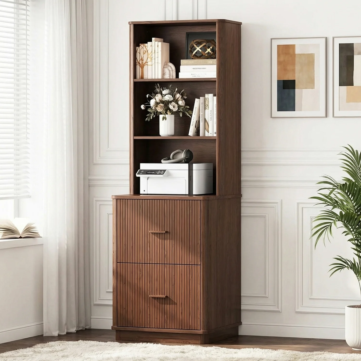 Carefully Designed 71 Tall Bookcase with File Cabinet Drawers Fluted Storage Cabinet with Open Shelves for Home Office and Living Room71 Tall Bookcase with File Cabinet Drawers Fluted Storage Cabinet with Open Shelves for Home Office and Living Room Smart