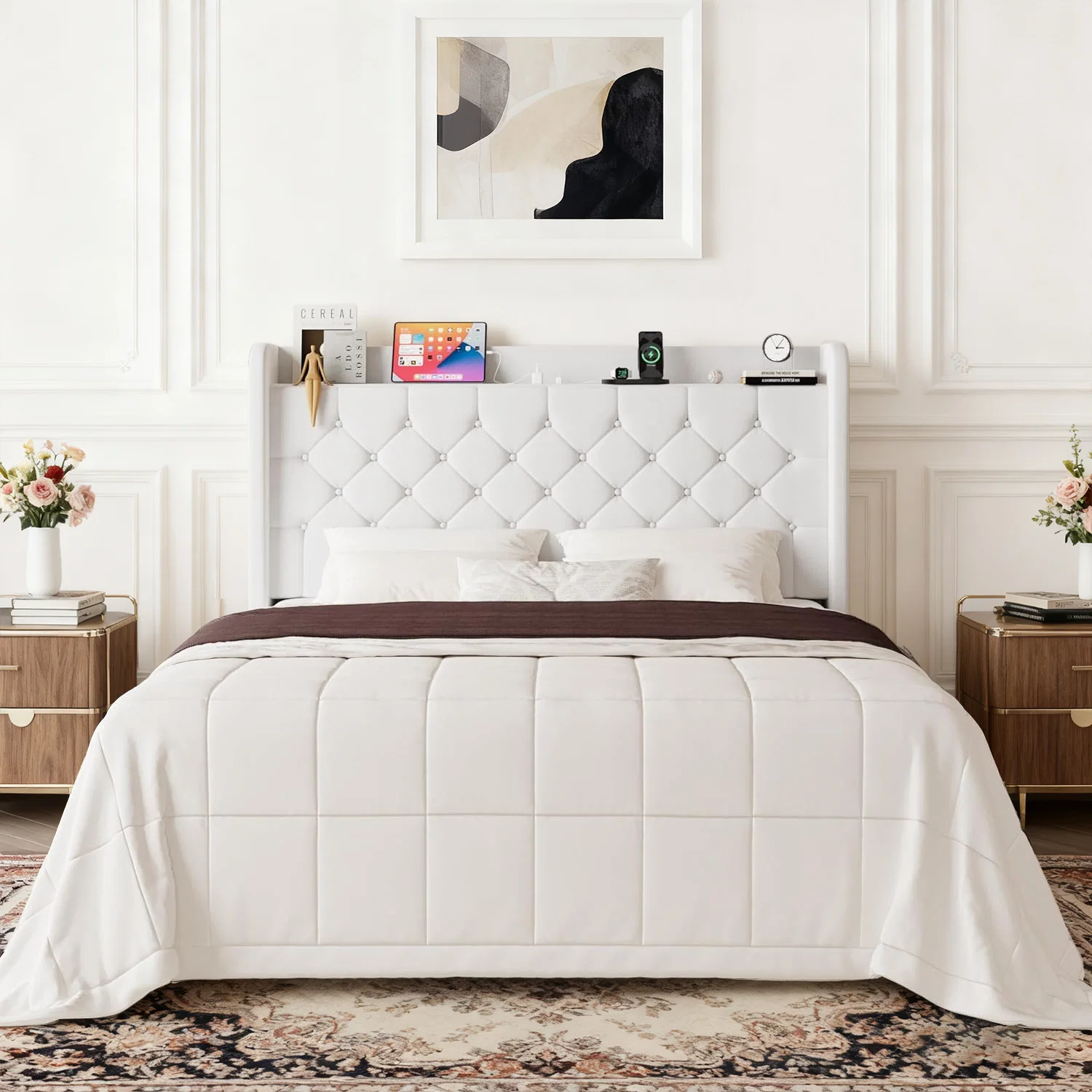Enhanced Wingback Velvet Upholstered Bed Frame with Storage Headboard Charging Station Button-Tufted DesignWingback Velvet Upholstered Bed Frame with Storage Headboard Charging Station Button-Tufted Design Premium Material