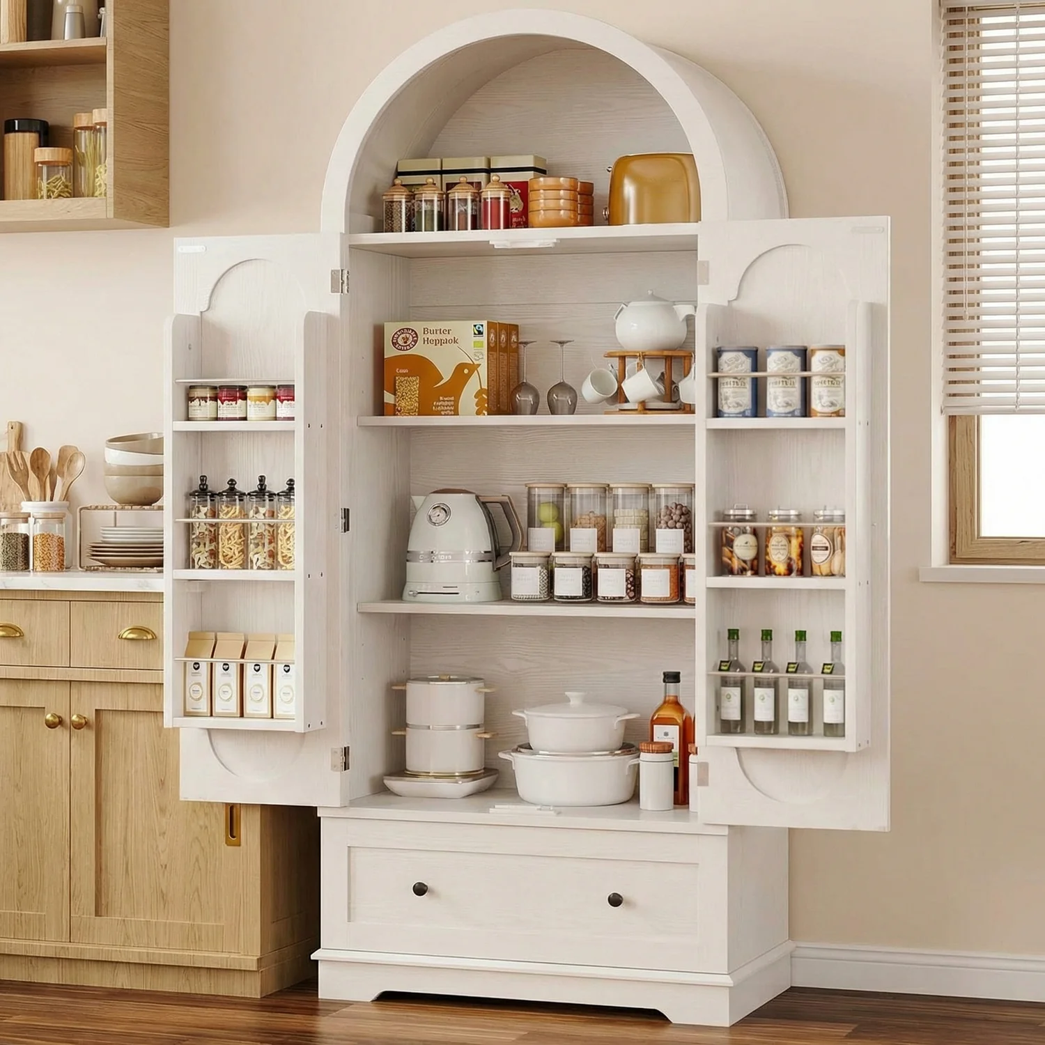 Premium 70.9 Tall Arched Kitchen Pantry Cabinet with Drawer Adjustable Shelves Modern Storage Cupboard70.9 Tall Arched Kitchen Pantry Cabinet with Drawer Adjustable Shelves Modern Storage Cupboard Pure