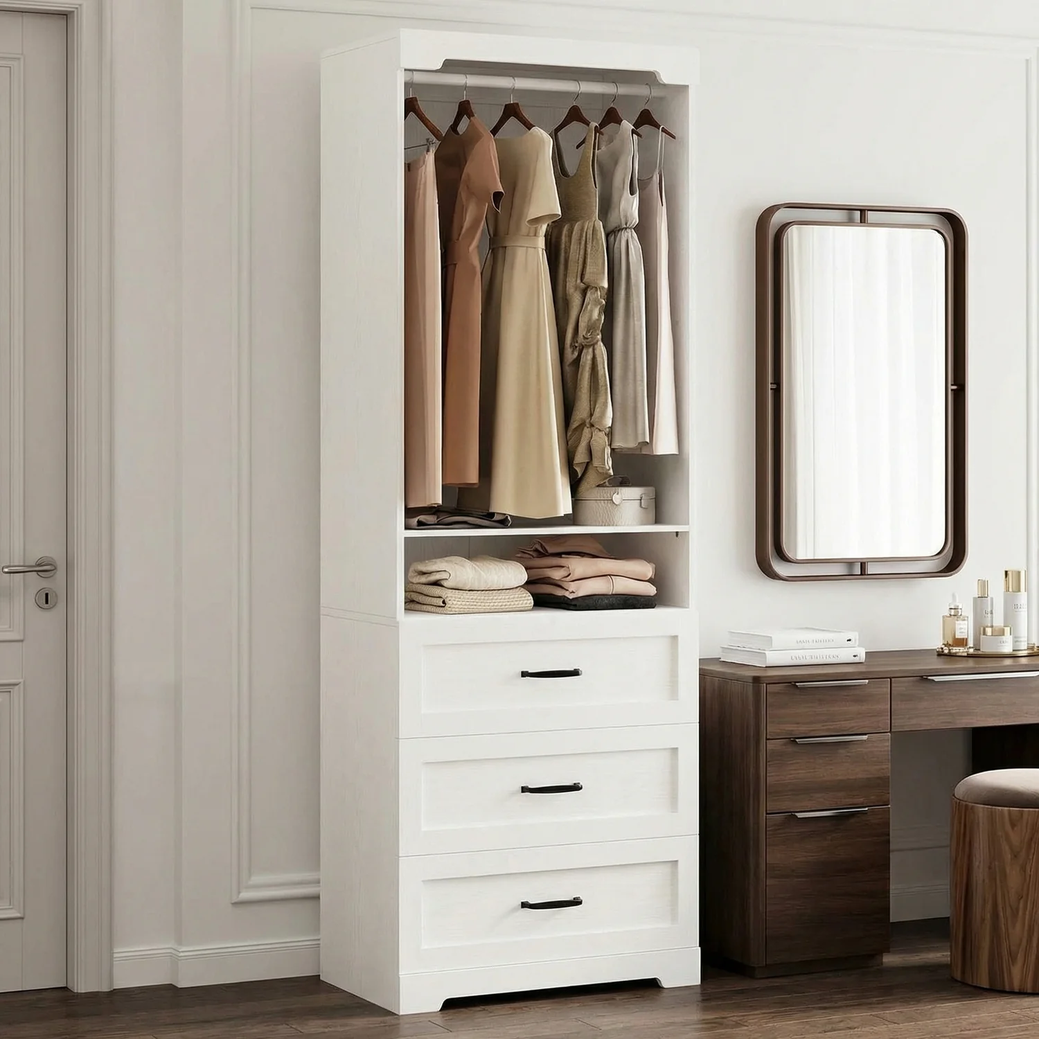 Flexible standing Closet System with 3 Wood Drawers Adjustable Shelves Hanging Rod Modern Armoire Wardrobe for Small Closetsstanding Closet System with 3 Wood Drawers Adjustable Shelves Hanging Rod Modern Armoire Wardrobe for Small Closets Pure