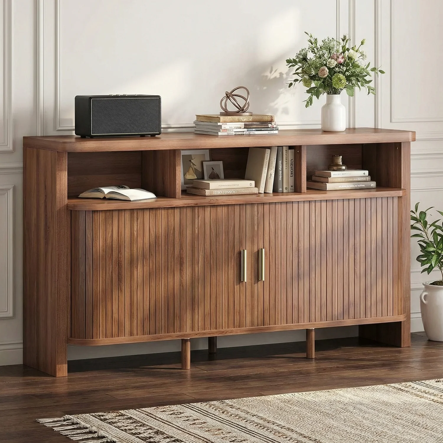 Sophisticated 55 Walnut Sideboard Buffet Cabinet with Sliding Door Fluted Mid-Century Modern Credenza Coffee Bar Cabinet with Storage55 Walnut Sideboard Buffet Cabinet with Sliding Door Fluted Mid-Century Modern Credenza Coffee Bar Cabinet with Storage Reliable