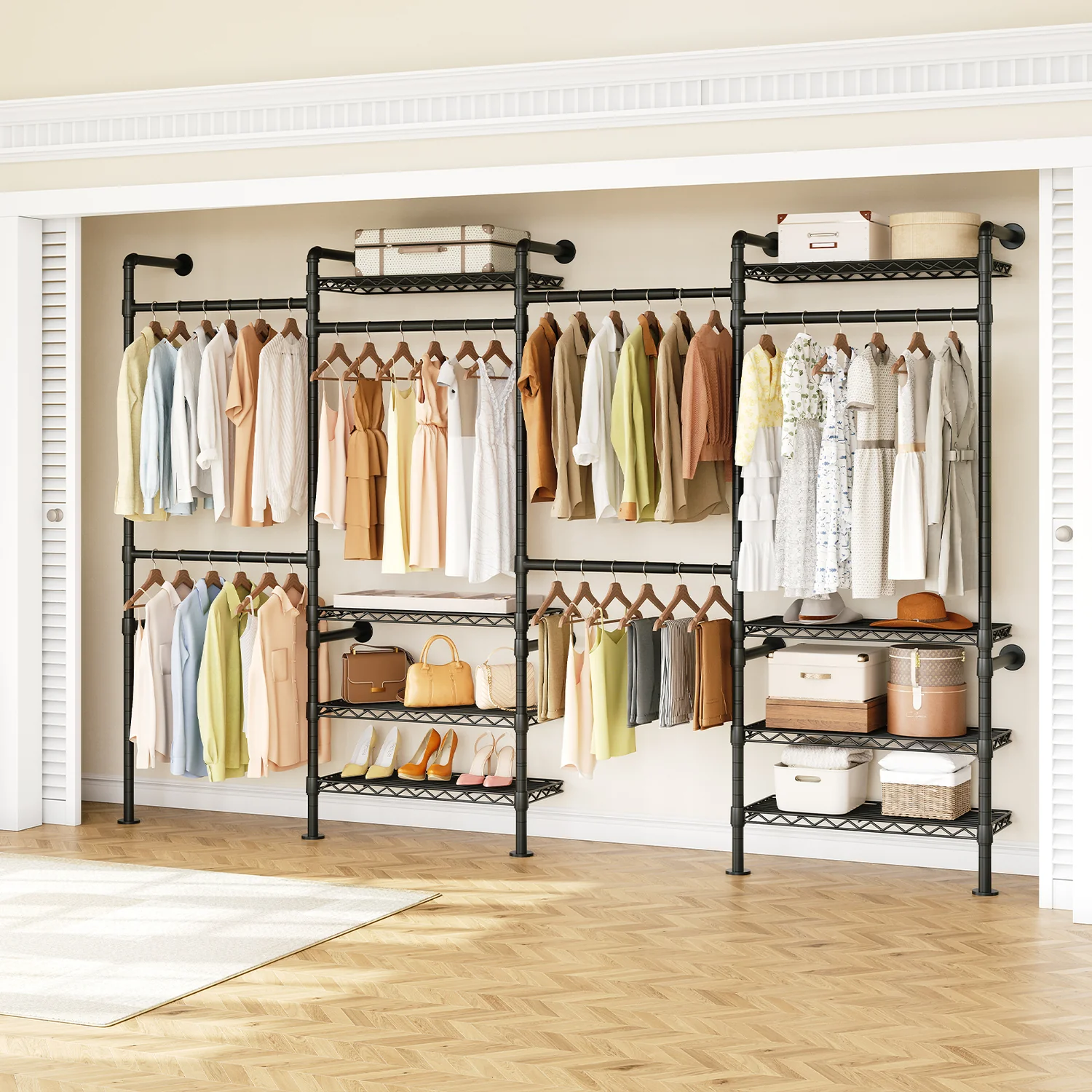 Superior Wall Mounted Closet System Industrial Pipe Clothing Rack with 4 Adjustable Hanging Rods and 8 Metal ShelvesWall Mounted Closet System Industrial Pipe Clothing Rack with 4 Adjustable Hanging Rods and 8 Metal Shelves Specialty