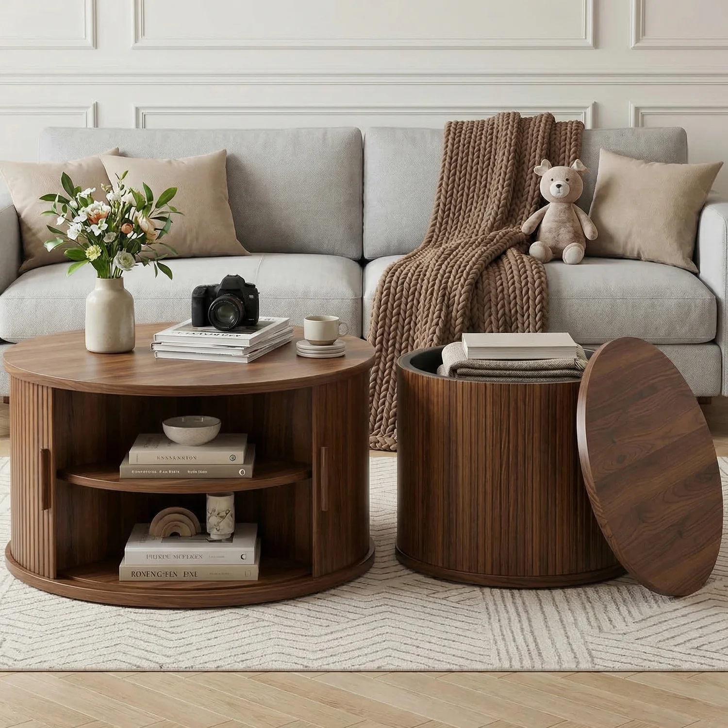 Relaxed Round Coffee Table Set of 2 with Storage Fluted Coffee Table and Side Table with Sliding Tambour DoorRound Coffee Table Set of 2 with Storage Fluted Coffee Table and Side Table with Sliding Tambour Door Genuine