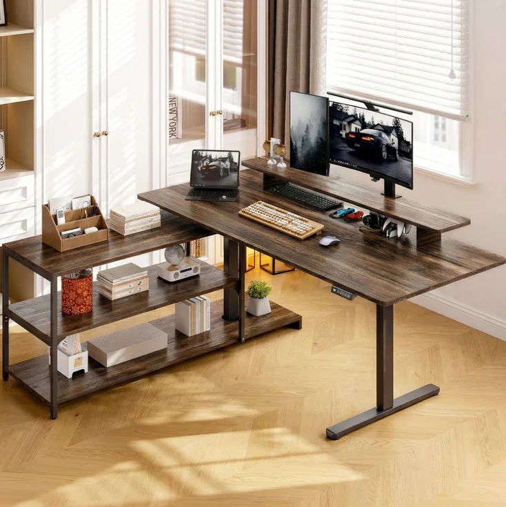 Minimalist Discontinued 63 x 23 Reversible L Shaped Standing Desk Corner Computer Desk with Storage Shelf Monitor Stand Memory Height Settings Discontinued 63 x 23 Reversible L Shaped Standing Desk Corner Computer Desk with Storage Shelf Monitor Stand Memory Height Settings Exceptional