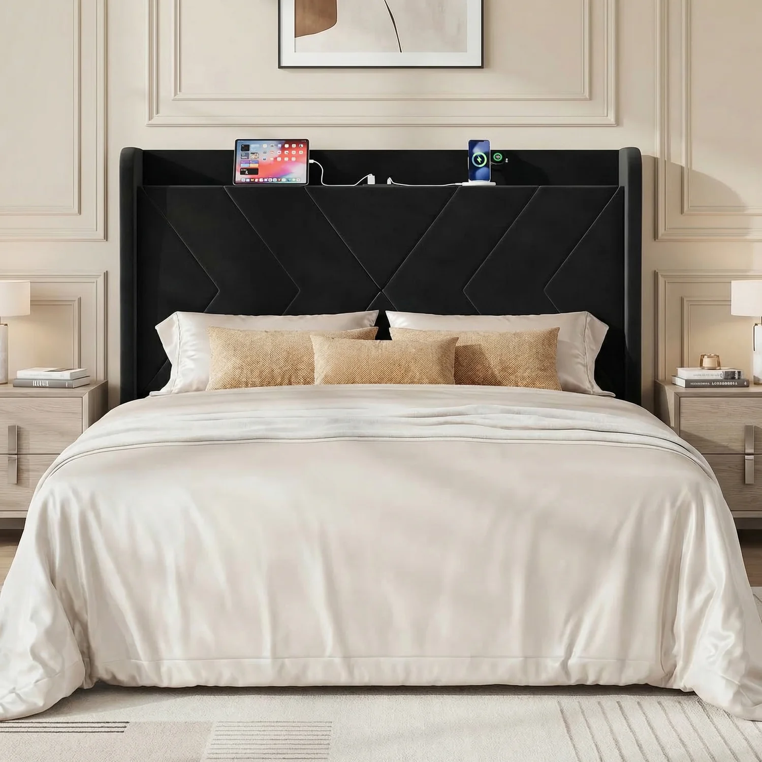 Outstanding Velvet Upholstered Platform Bed Frame with Charging Station Storage Headboard and Wood Slat SupportVelvet Upholstered Platform Bed Frame with Charging Station Storage Headboard and Wood Slat Support Original Design