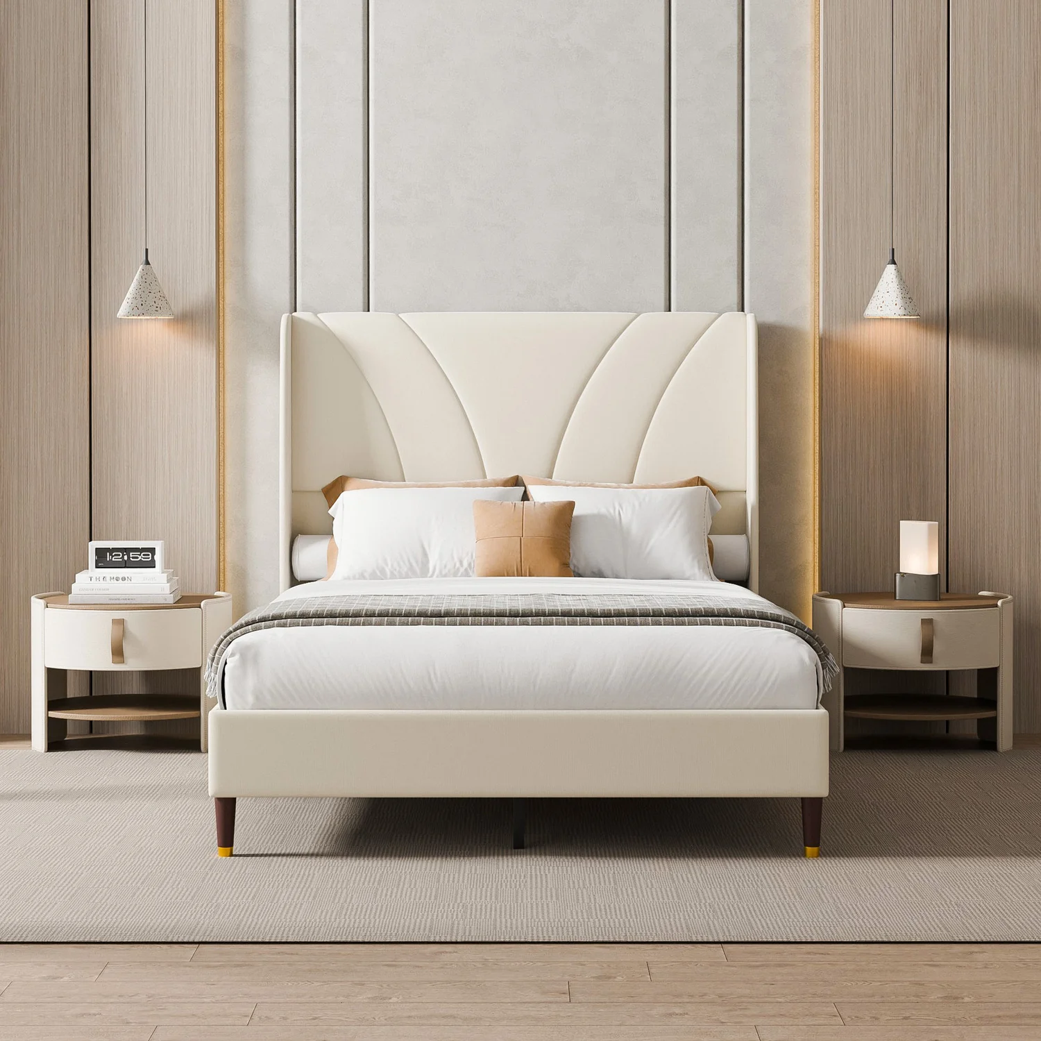 Reusable Linen Bed Frame with 51 Tall Wingback Headboard Upholstered Platform Bed with Solid Wood Slats Support Noise- No Box Spring NeededLinen Bed Frame with 51 Tall Wingback Headboard Upholstered Platform Bed with Solid Wood Slats Support Noise- No Box Spring Needed Smooth