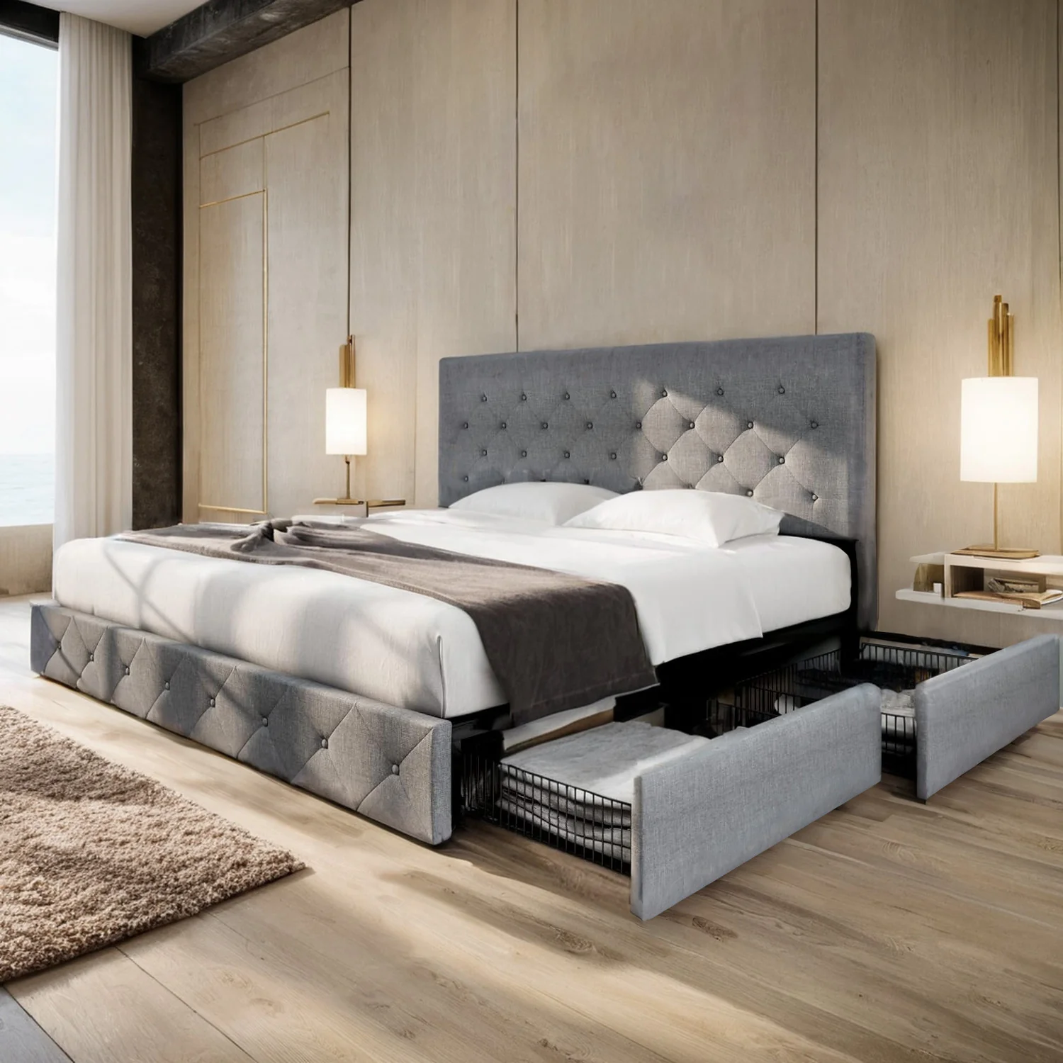 Stylish Upholstered Bed Frame with 4 Drawers Storage and Headboard with Wood Slat Support No Box Spring NeededUpholstered Bed Frame with 4 Drawers Storage and Headboard with Wood Slat Support No Box Spring Needed Genuine