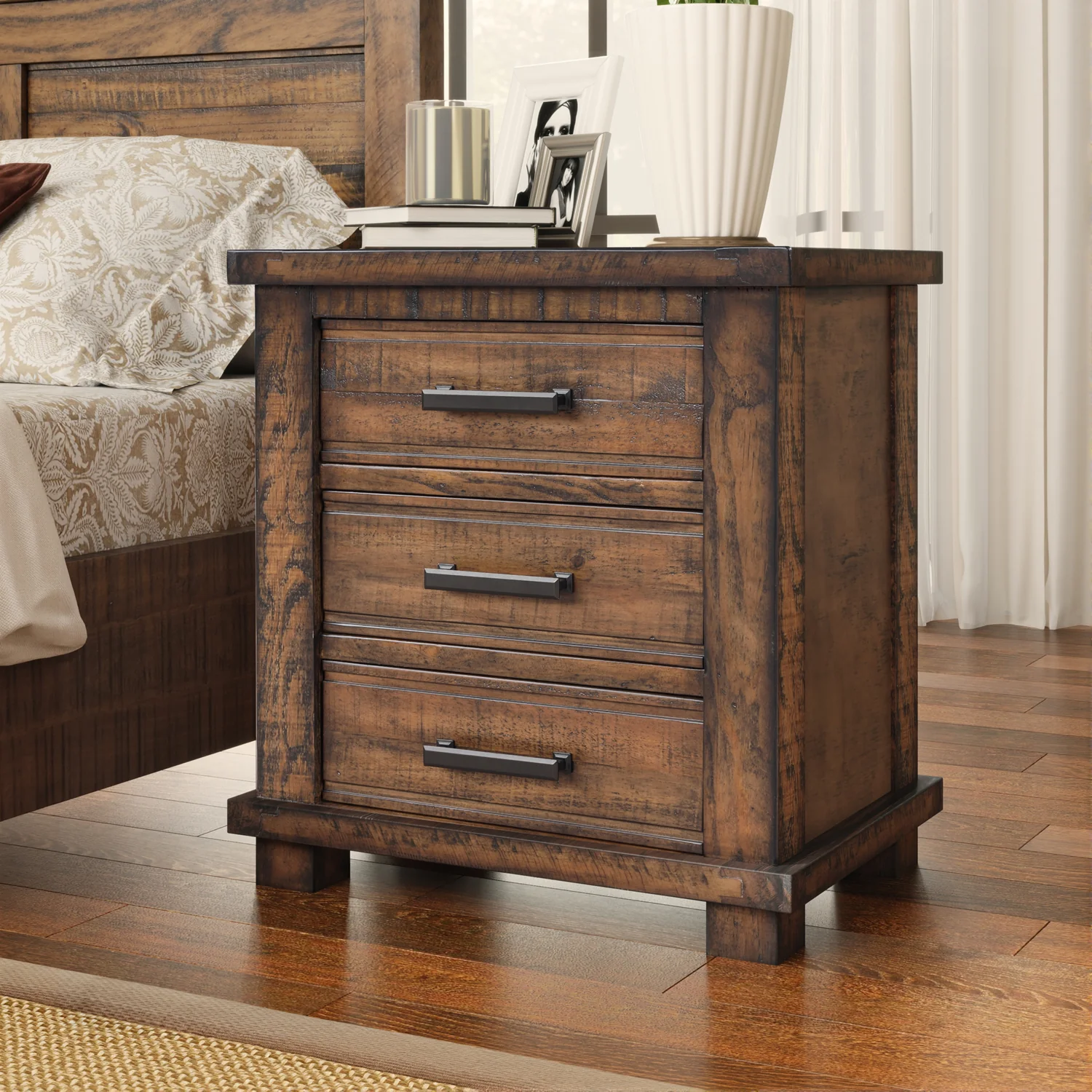 Natural Rustic Farmhouse Nightstand with 3 Drawers Reclaimed Solid Wood Bedside TableRustic Farmhouse Nightstand with 3 Drawers Reclaimed Solid Wood Bedside Table Classic
