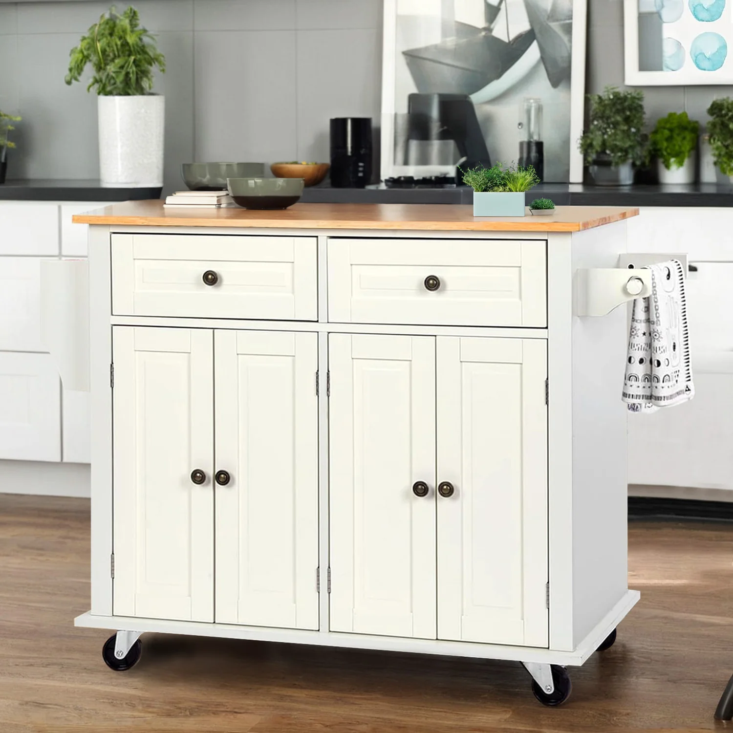 Lightweight Wide Rolling Kitchen Island 43.3 Inches with Storage Solid Wood Top and Locking WheelsWide Rolling Kitchen Island 43.3 Inches with Storage Solid Wood Top and Locking Wheels Casual
