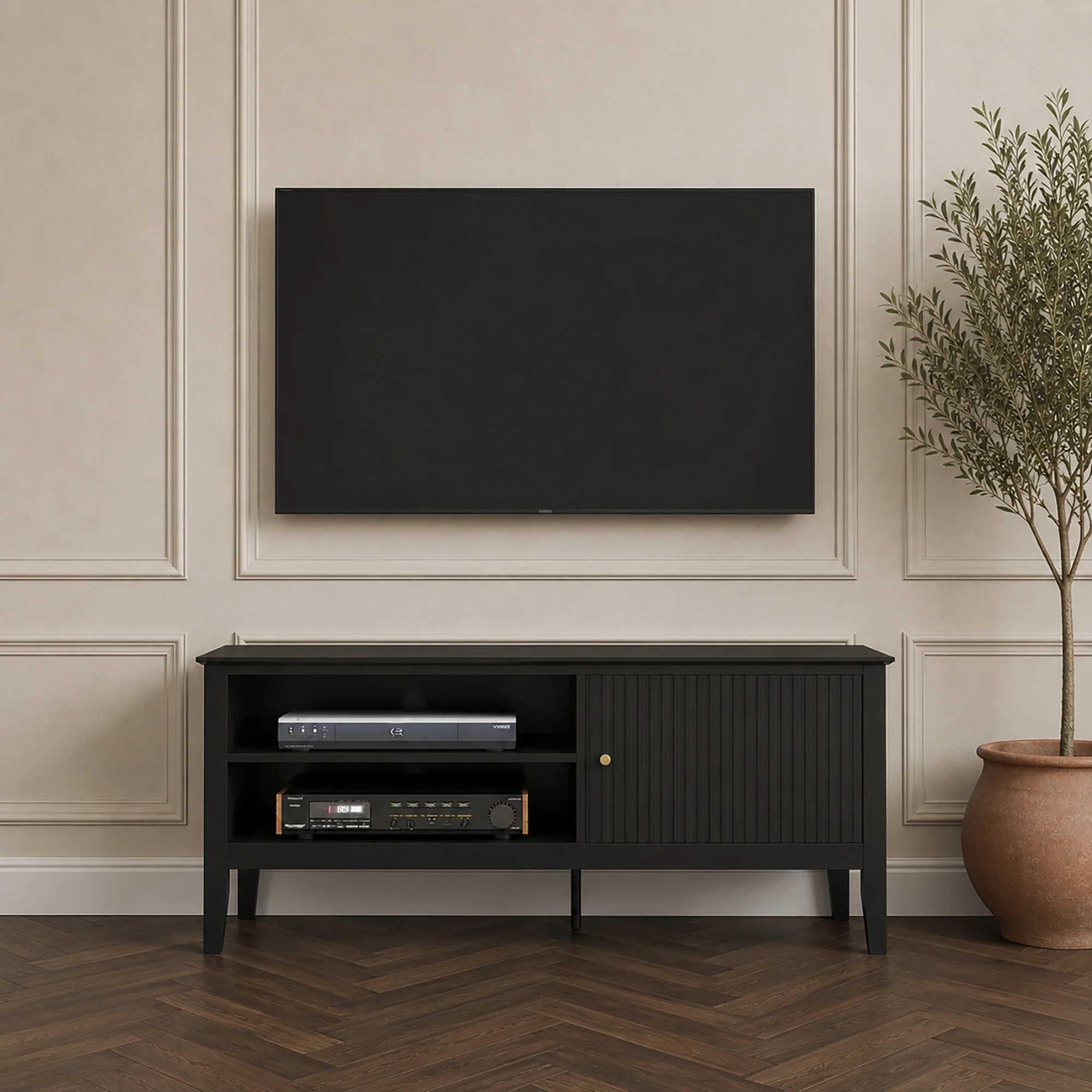 Green Large Black Wooden Fluted TV Cabinet Media Unit – 120cm x 50cm 47 TV’s – Hales Black Range Casual